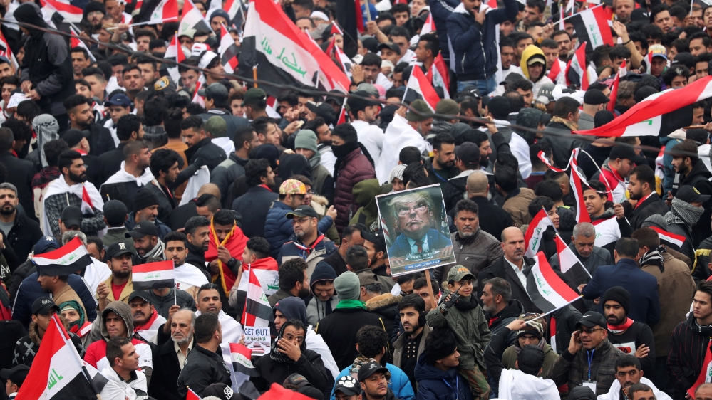 Supporters of Iraqi Shi'ite cleric Moqtada al-Sadr protest against what they say is U.S. presence and violations in Iraq, during a demonstration in Baghdad