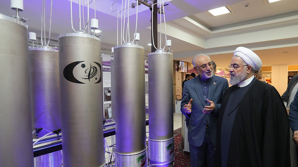 A handout photo made available by the presidential office shows Iranian President Hassan Rouhani (R) and the head of Iran nuclear technology organization Ali Akbar Salehi inspecting nuclear technology