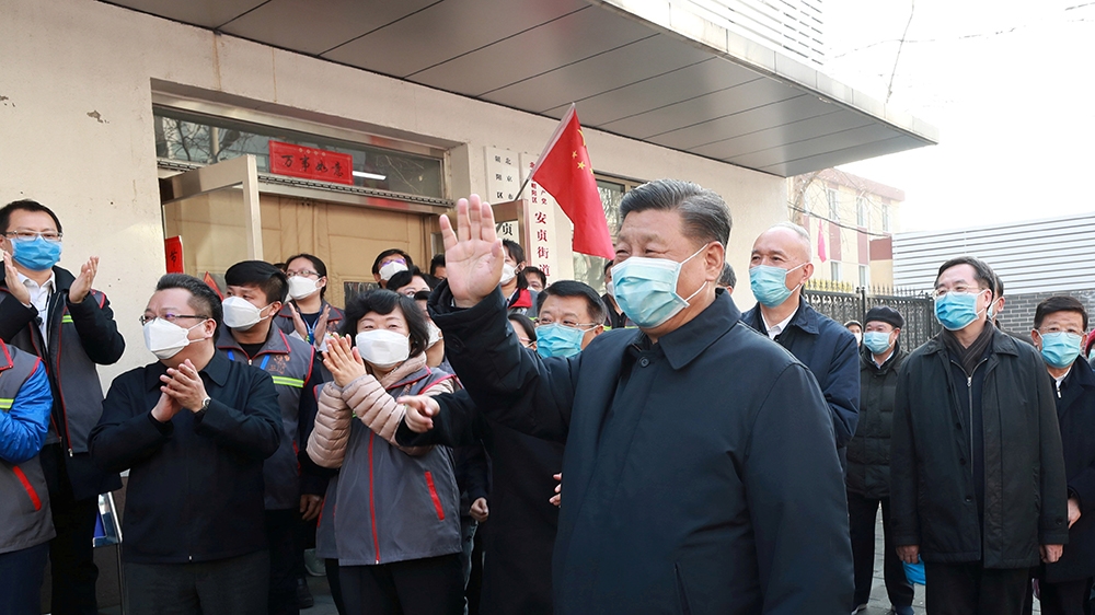 Chinese President Xi Jinping inspects the novel coronavirus prevention and control work at Anhuali Community in Beijing, China, February 10, 2020. Xinhua via REUTERS ATTENTION EDITORS - THIS IMAGE WA