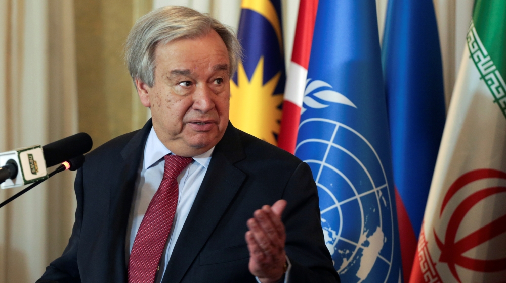 United Nations Secretary-General Antonio Guterres and Pakistan's foreign minister Shah Mahmood Qureshi address a joint news conference in Islamabad