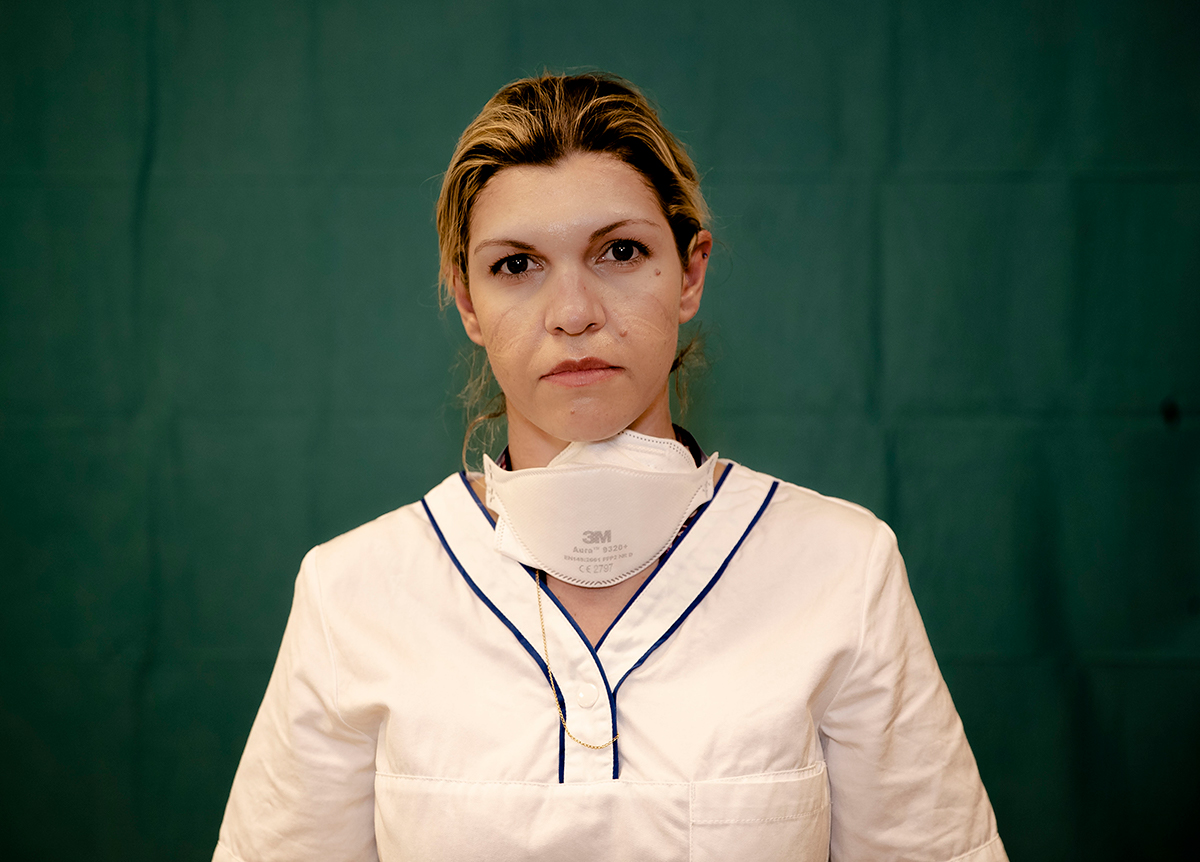 Daniela Turno, 34, an ICU nurse at the Humanitas Gavazzeni Hospital in Bergamo, Italy poses for a portrait at the end of her shift Friday, March 27, 2020. The intensive care doctors and nurses on the