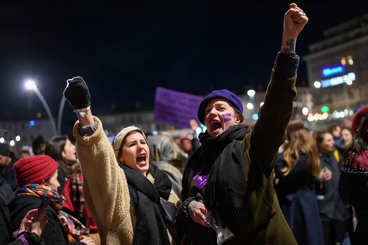 Women takes part to a flashmob celebrating the International Womeni´s Day in Lausanne, western Switzerland on March 7, 2020. (Photo by FABRICE COFFRINI / AFP)