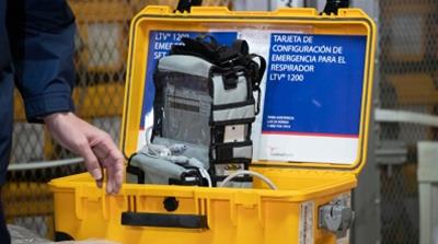 A ventilator is displayed during a news conference, Tuesday, March 24, 2020 at the New York City Emergency Management Warehouse, where 400 ventilators have arrived and will be distributed. Gov. Andre