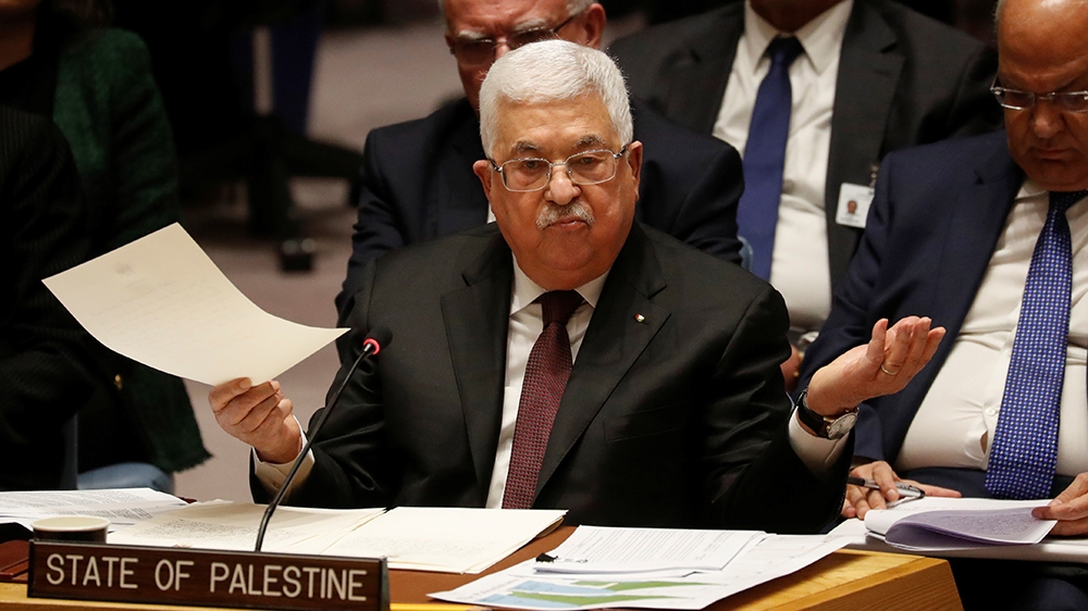 Palestinian President Mahmoud Abbas speaks during a Security Council meeting at the United Nations in New York, U.S., February 11, 2020. REUTERS/Shannon Stapleton