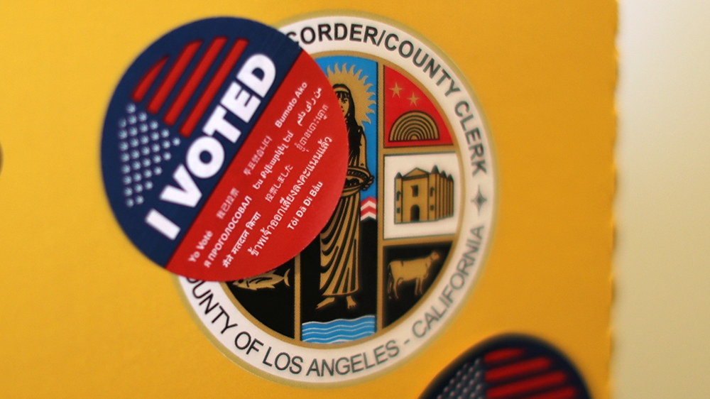 Voting stickers are seen at a polling station on Super Tuesday in Los Angeles, California, U.S., March 3, 2020. REUTERS/Lucy Nicholson