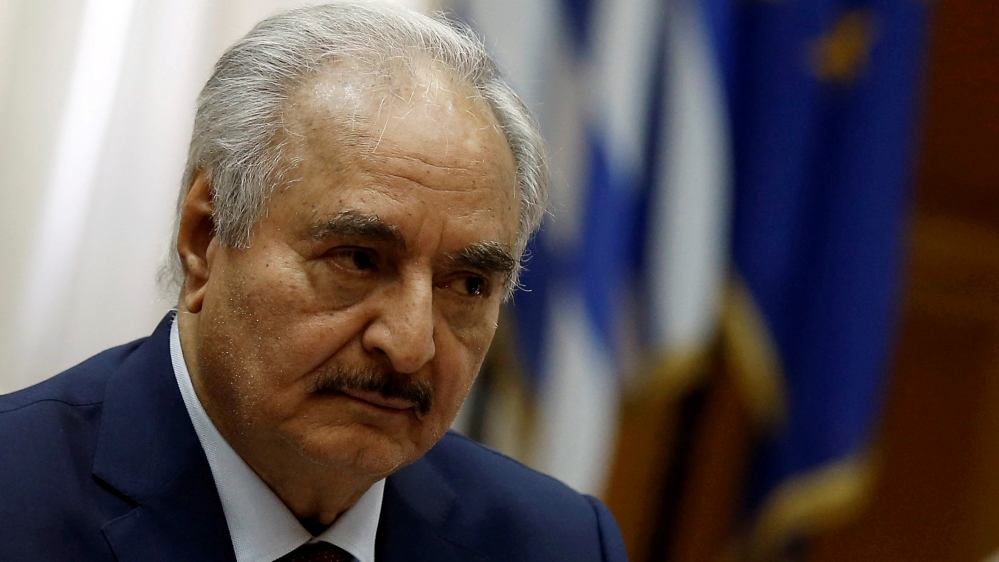 Libyan commander Khalifa Haftar meets Greek Prime Minister Kyriakos Mitsotakis (not pictured) at the Parliament in Athens