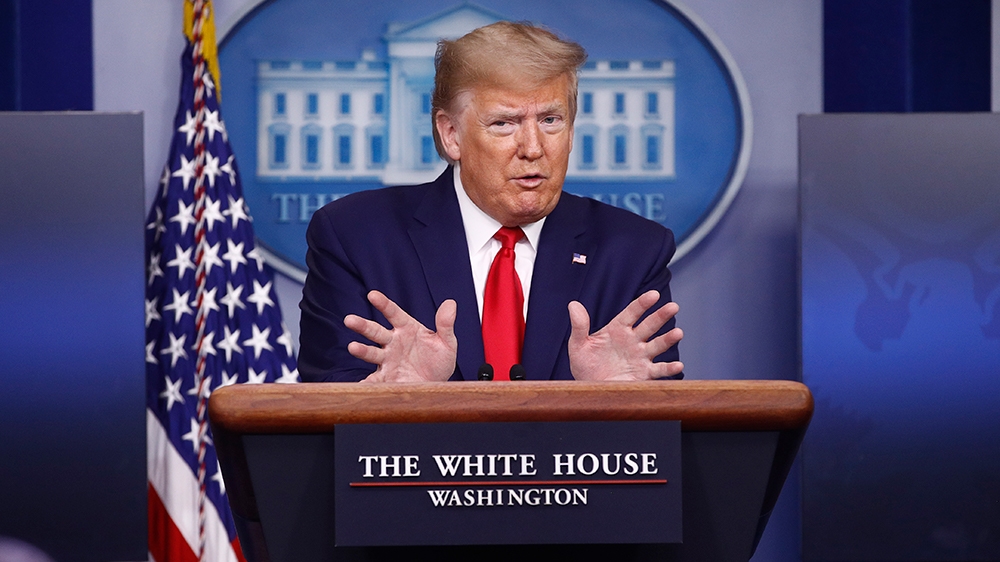 President Donald Trump speaks during a coronavirus task force briefing at the White House, Saturday, April 18, 2020, in Washington. (AP Photo/Patrick Semansky)