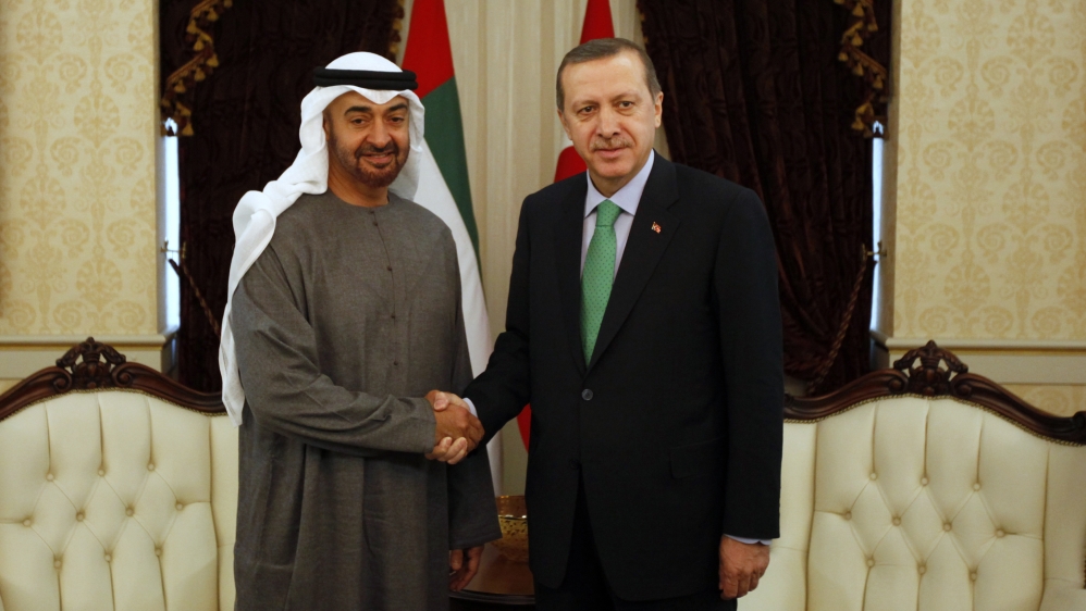 Abu Dhabi''s Crown Prince Sheikh Mohammed shakes hands with Turkey''s PM Erdogan before a meeting in Ankara