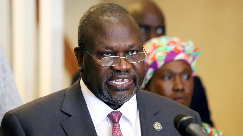 South Sudan's Vice President Riek Machar addresses a news conference in Juba