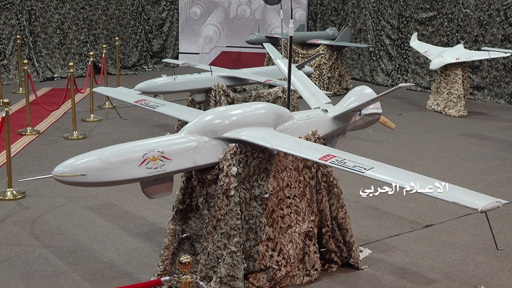 Drone aircrafts are put on display at an exhibition at an unidentified location in Yemen in this undated handout photo released by the Houthi Media Office July 9, 2019. Houthi Media Office/Handout via