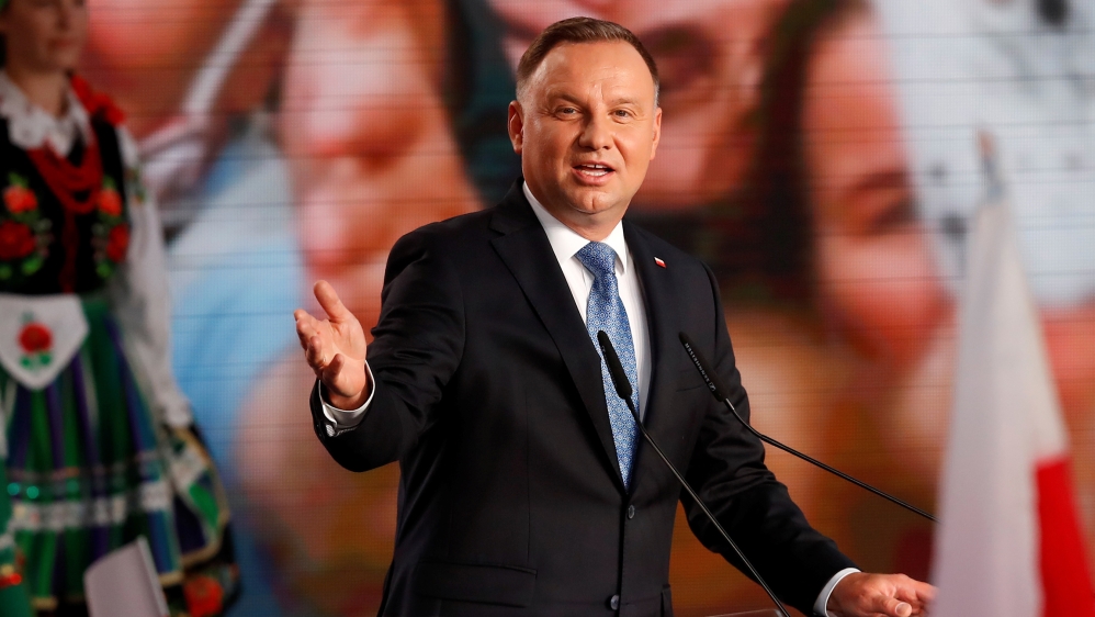 Polish President and presidential candidate of the Law and Justice (PiS) party Andrzej Duda speaks after the announcement of the first exit poll results on the first round of presidential elections in