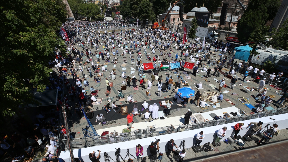 People flock the Hagia Sophia Mosque for the Friday Prayer
