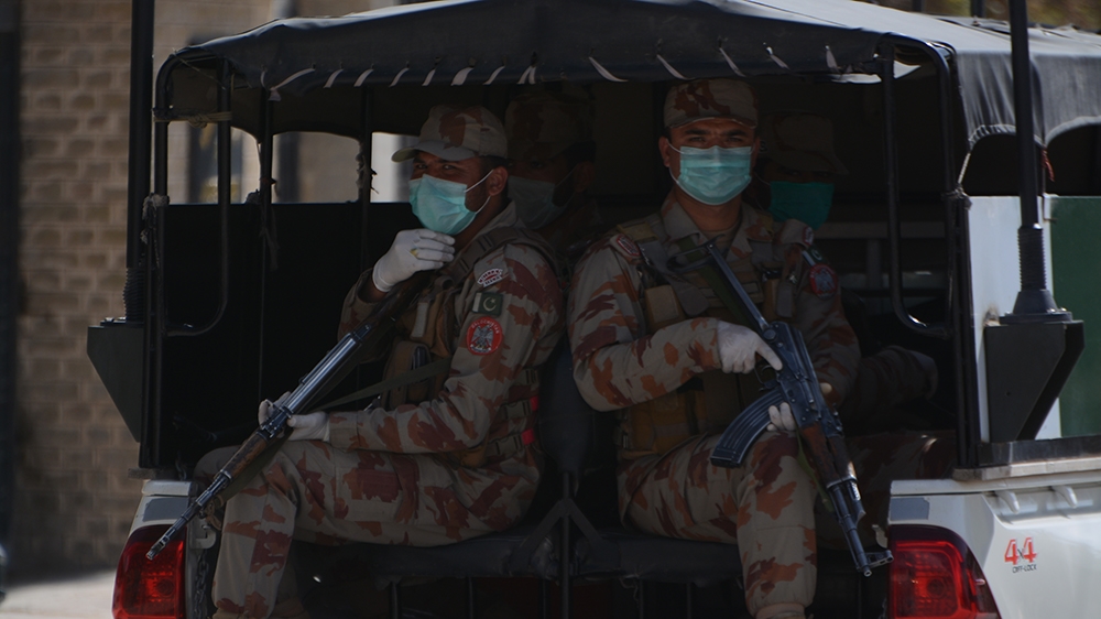 QUETTA, BALOCHISTAN, PAKISTAN - 2020/03/25: Security personnel patrolling in the city to implement partial lock down. Due to COVID-19 all markets are closed during lockdown implement by Pakistan gover