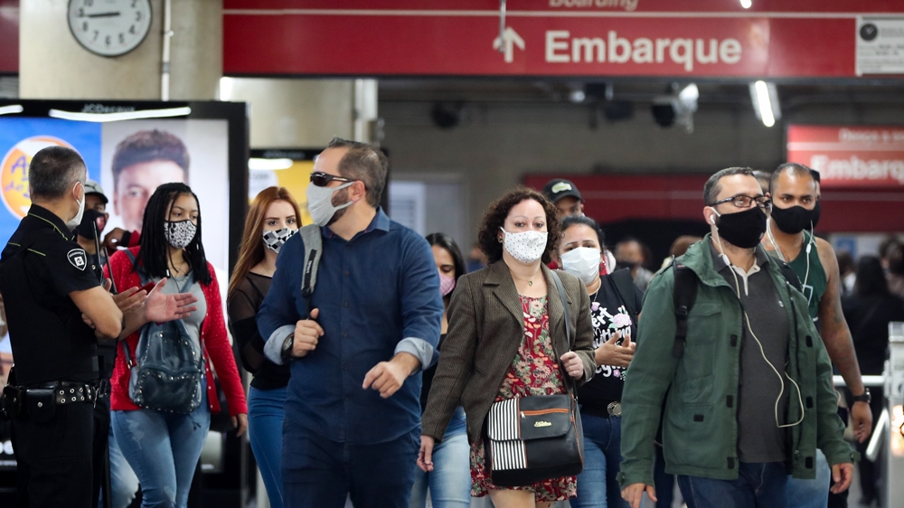 Commuters at a public transport hub in Sao Paolo, one of Brazil’s virus hotspots