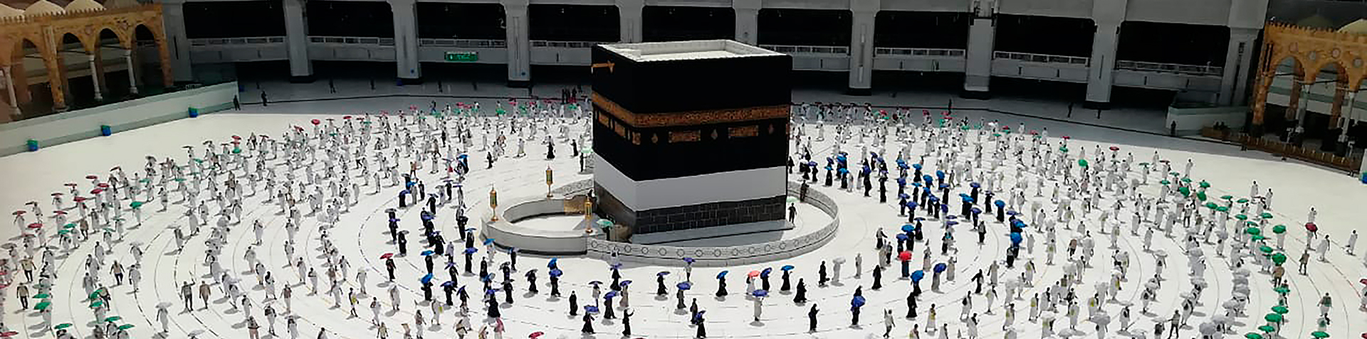 Muslim pilgrims walk around the Kaaba as they maintain social distancing [AP]