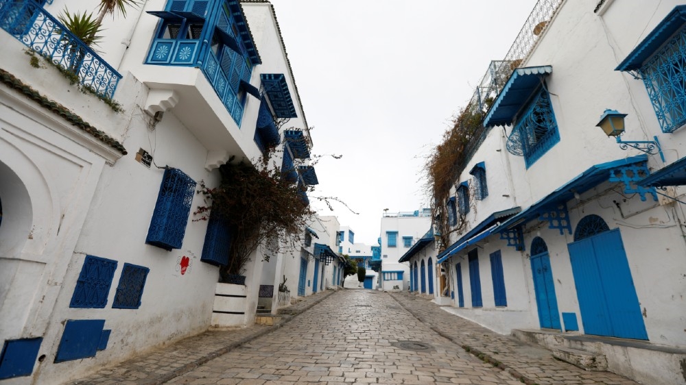 A general view shows a empty street in Sidi Bou Said, an attractive tourist destination, as the country extended the lockdown by two weeks to contain the spread of the coronavirus