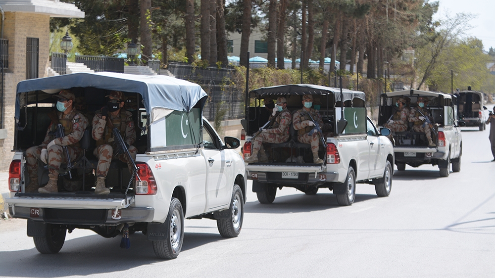 QUETTA, BALOCHISTAN, PAKISTAN - 2020/03/25: Security personnel patrolling in the city to implement partial lock down. Due to COVID-19 all markets are closed during lockdown implement by Pakistan gover