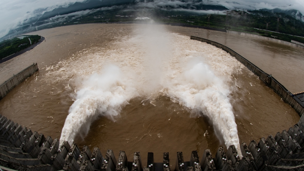 The Three Gorges Dam on the Yangtze River discharges water to lower the water level in the reservoir, in Yichang