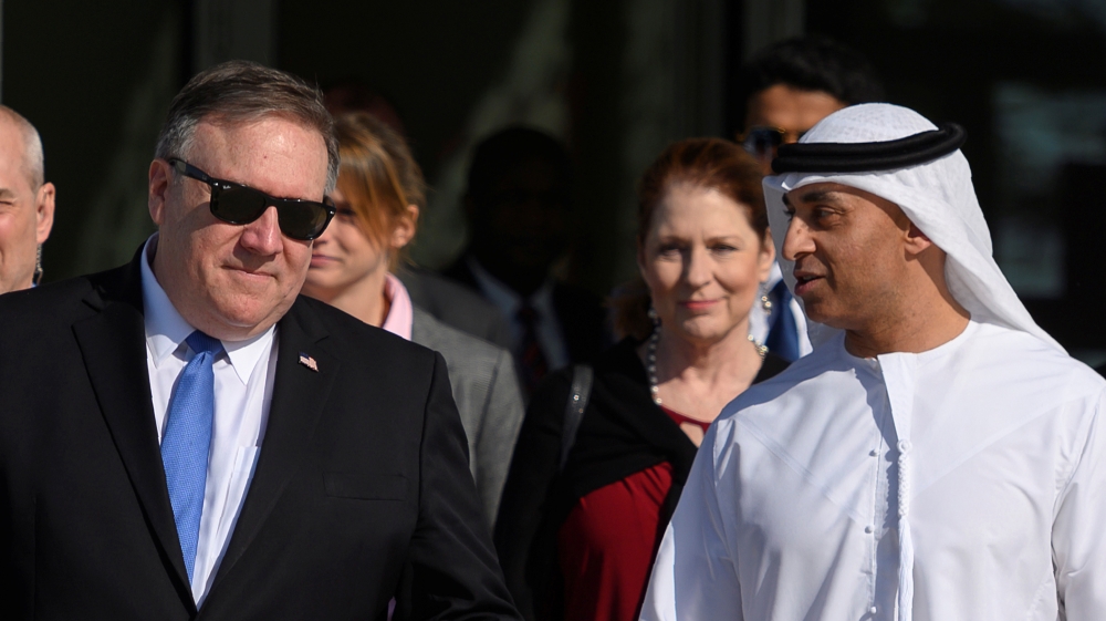US Secretary of State Mike Pompeo speaks with the Emirati Ambassador to the US Yousef Al Otaiba at the NYU Abu Dhabi campus in Abu Dhabi, United Arab Emirates January 13, 2019. Andrew Caballero-Reyno