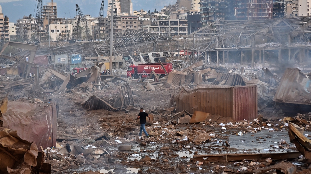 A picture shows the scene of an explosion near the the port in the Lebanese capital Beirut on August 4, 2020. Two huge explosion rocked the Lebanese capital Beirut, wounding dozens of people, shaking