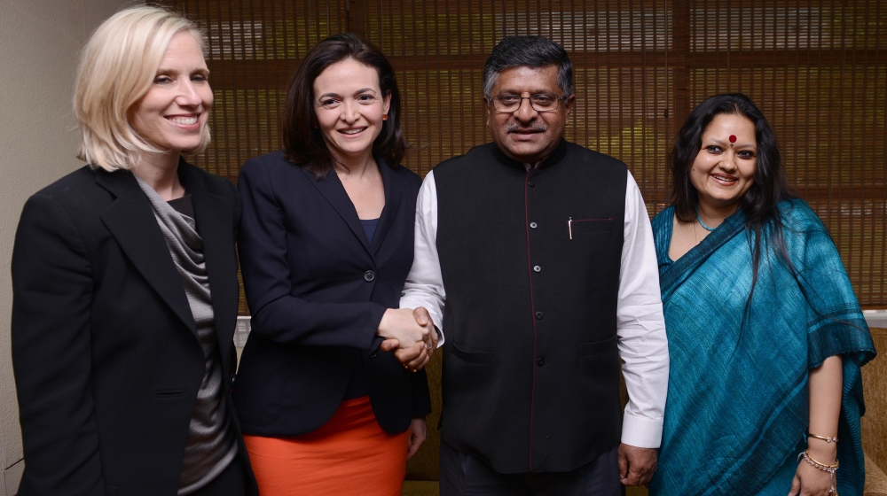 Communication and Information and Technology Minister Ravi Shankar Prasad shakes hands with COO, Facebook Sheryl Sandberg, during a meeting in New Delhi on Thursday. Facebook's Global Public Policy Vi