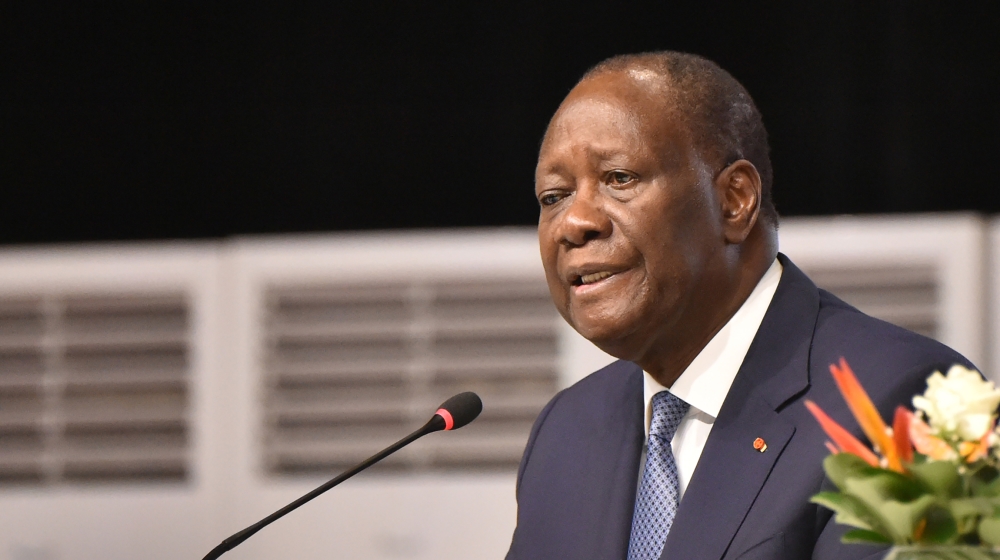 Ivorian President Alassane Ouattara attends a meeting of the Houphouëtists for Democracy and Peace (RHDP) concerning the party''s candidate to the presidential elections to be held in October, at the I