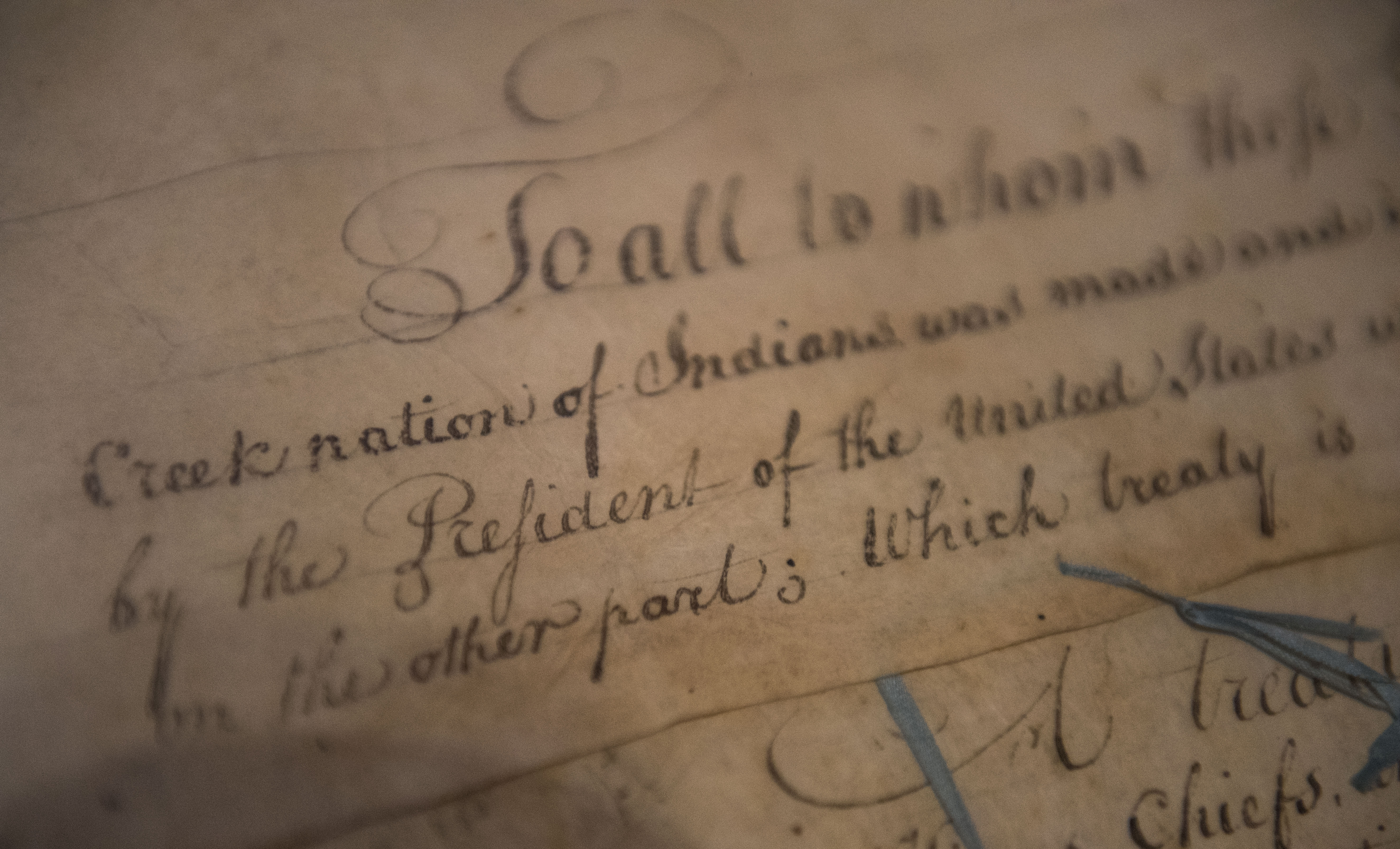 The 1790 Treaty of the Muscogee (Creek) Nations and the United States on display. The Supreme Court ruled in July that Oklahoma cannot pursue criminal cases in much of eastern Oklahoma, which remains Native land [File: Kevin Wolf/AP Photo for Smithsonian's National Museum of the American Indian]