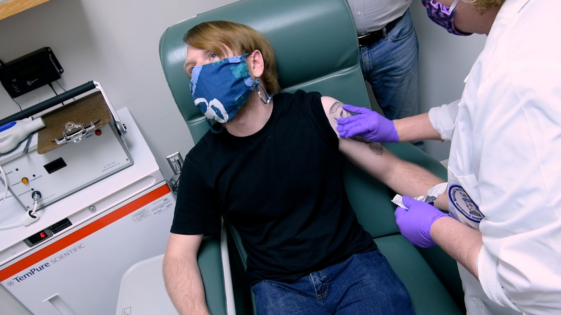 Vaccine trial participant David Rach is prepared to test a COVID-19 vaccine candidate BNT162b2, developed by Pfizer and BioNTech, at the Center for Vaccine Development and Global Health at the University of Maryland School of Medicine in May 2020