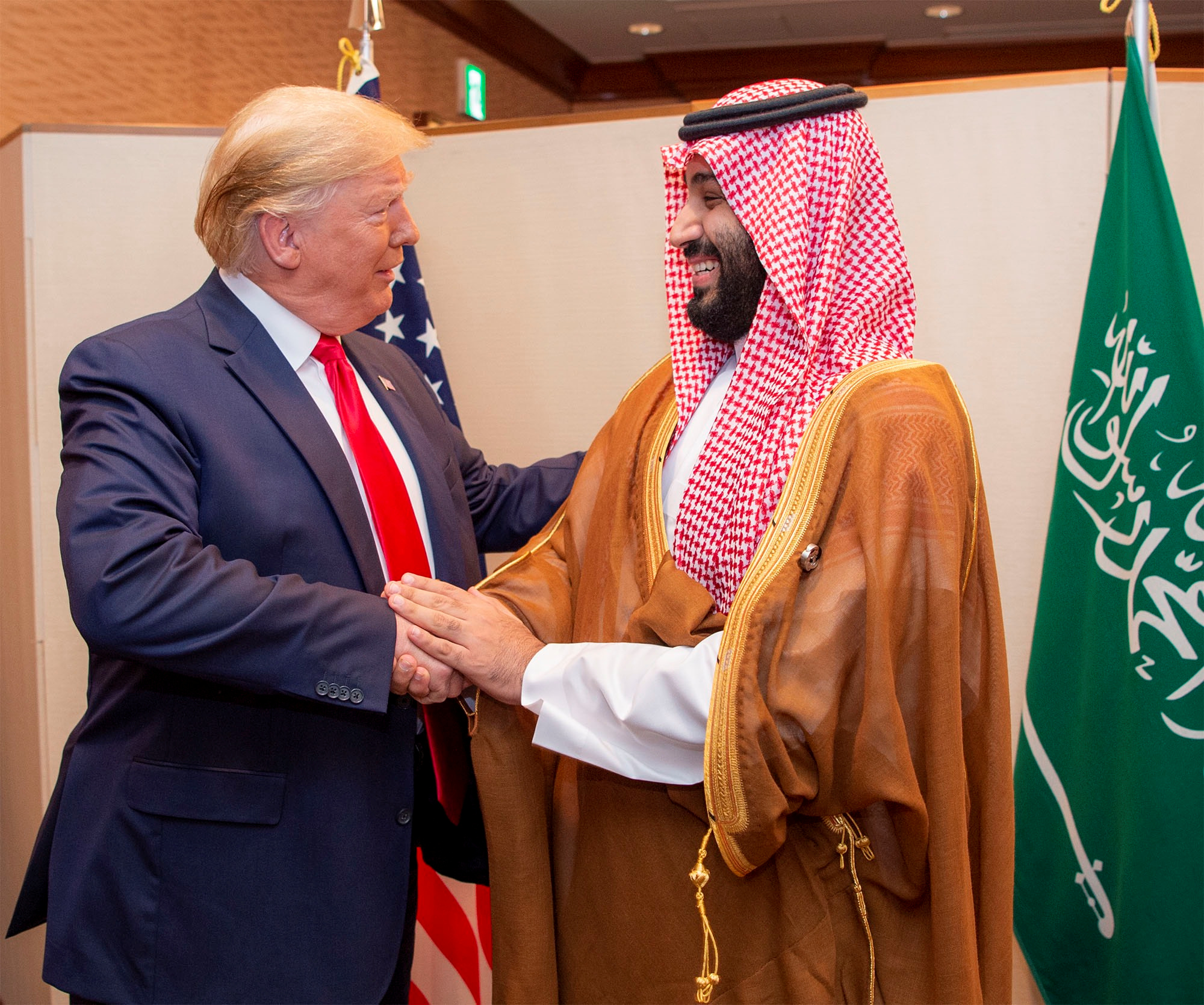 Saudi Arabia's Crown Prince Mohammed bin Salman shakes hands with US President Donald Trump.