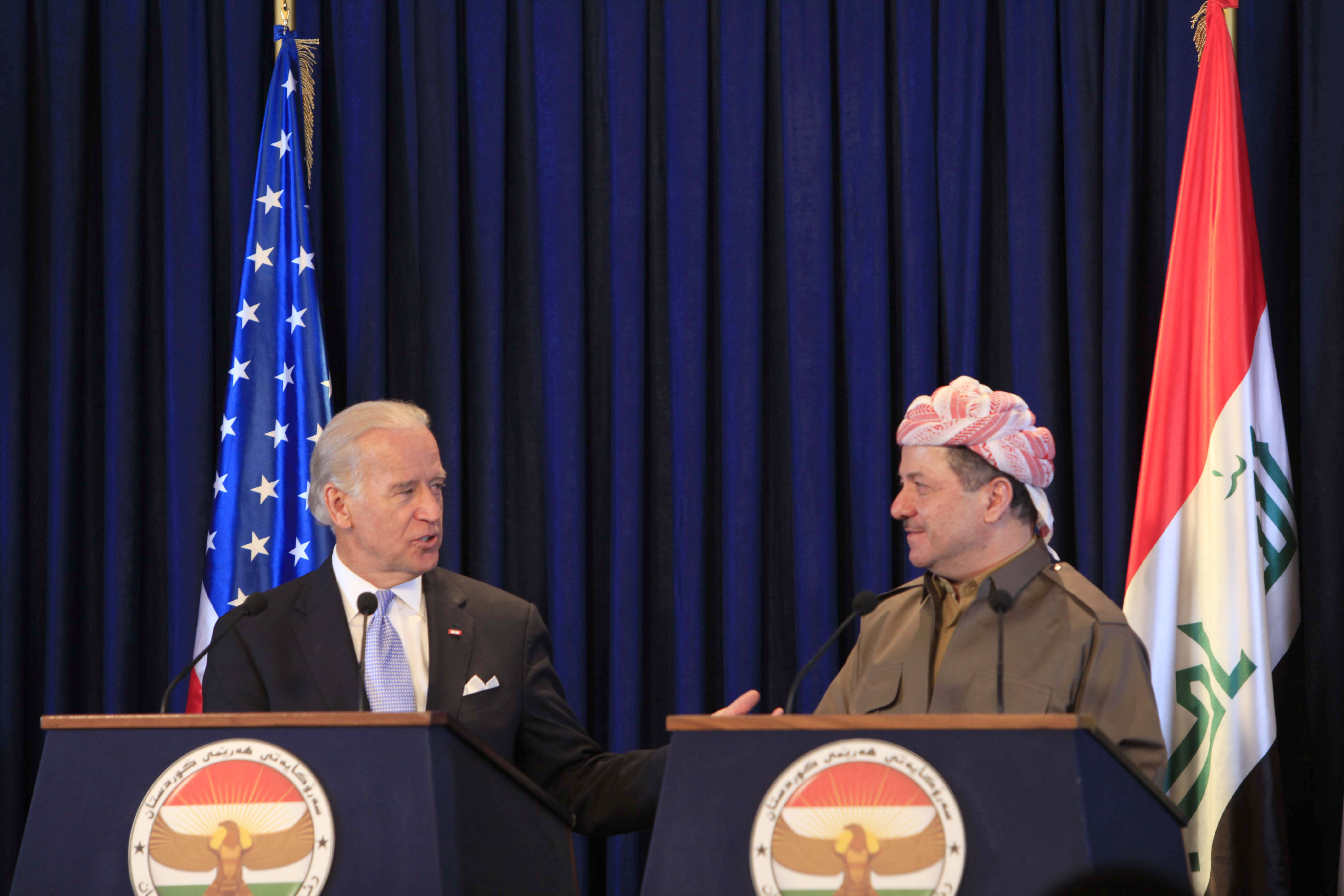 United States Vice President Joe Biden and President of the Kurdistan Region of Iraq Masoud Barzani talk during a press conference in Erbil on September 17, 2009 [File: AP/Yahya Ahmed]
