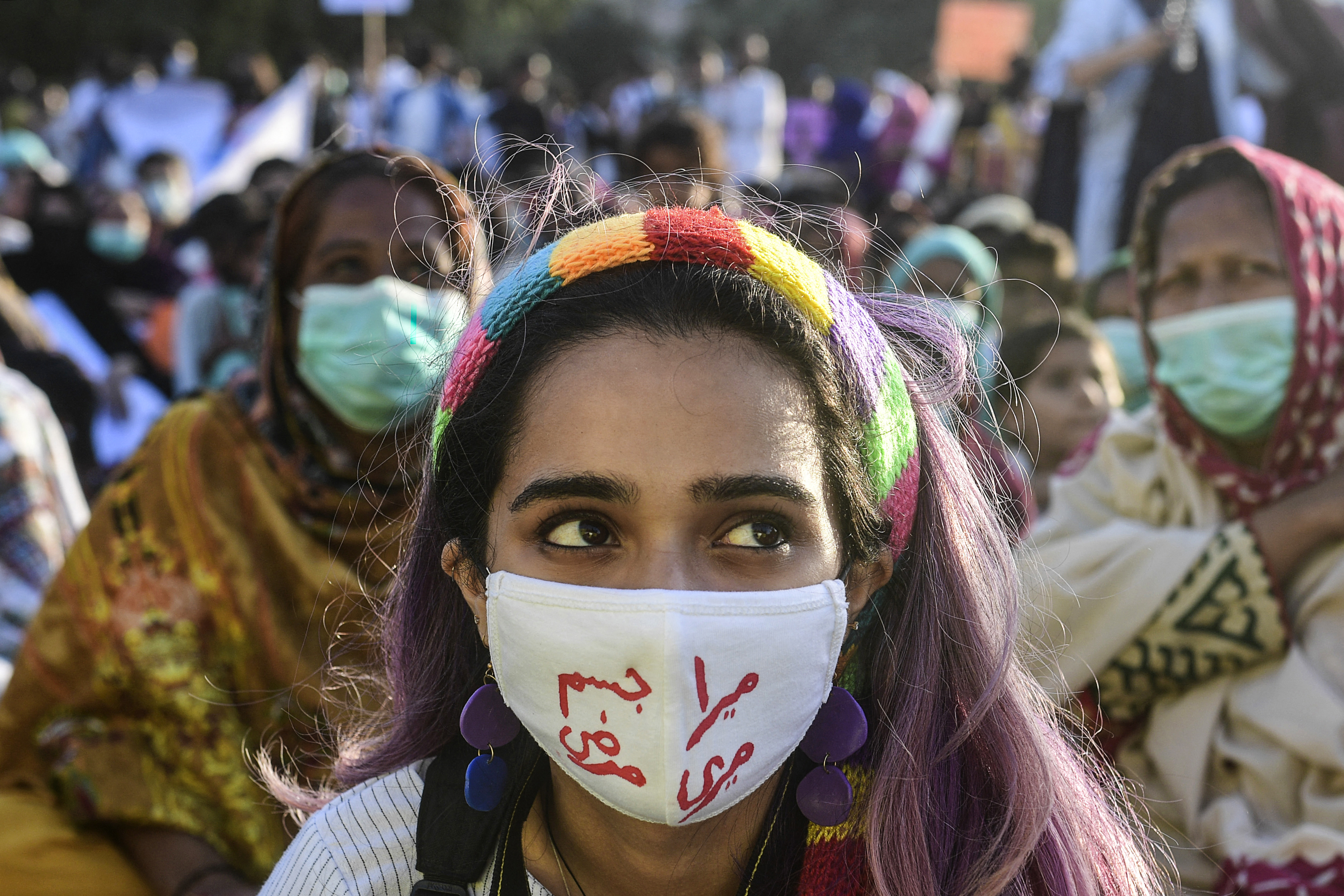 Activists of the Aurat March at a rally to mark International Women’s Day in Karachi