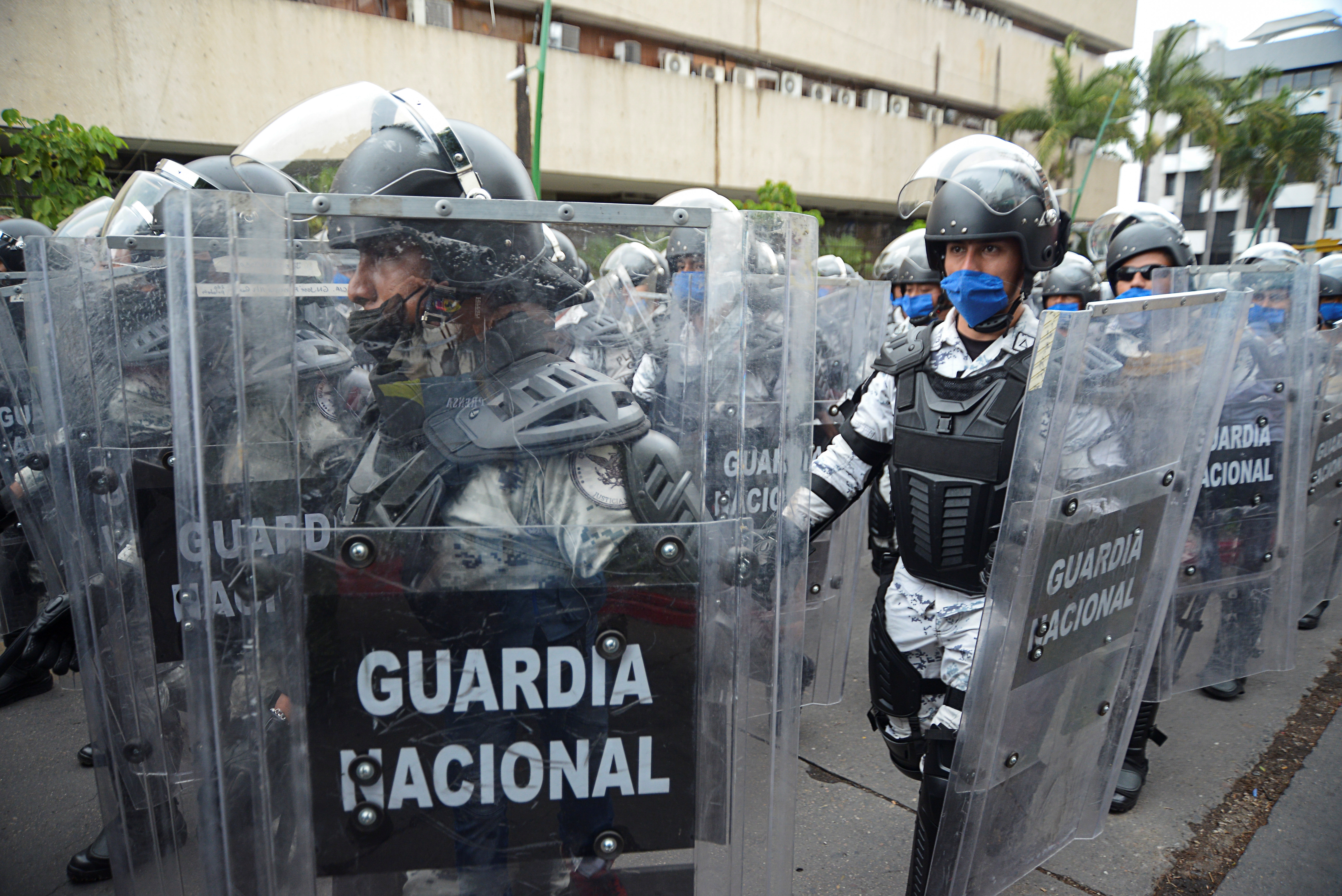 Members of the Mexican National Guard marching during the announcement of the new measures by the government to deter illegal crossings at the southern border with Guatemala on March 19, 2021
