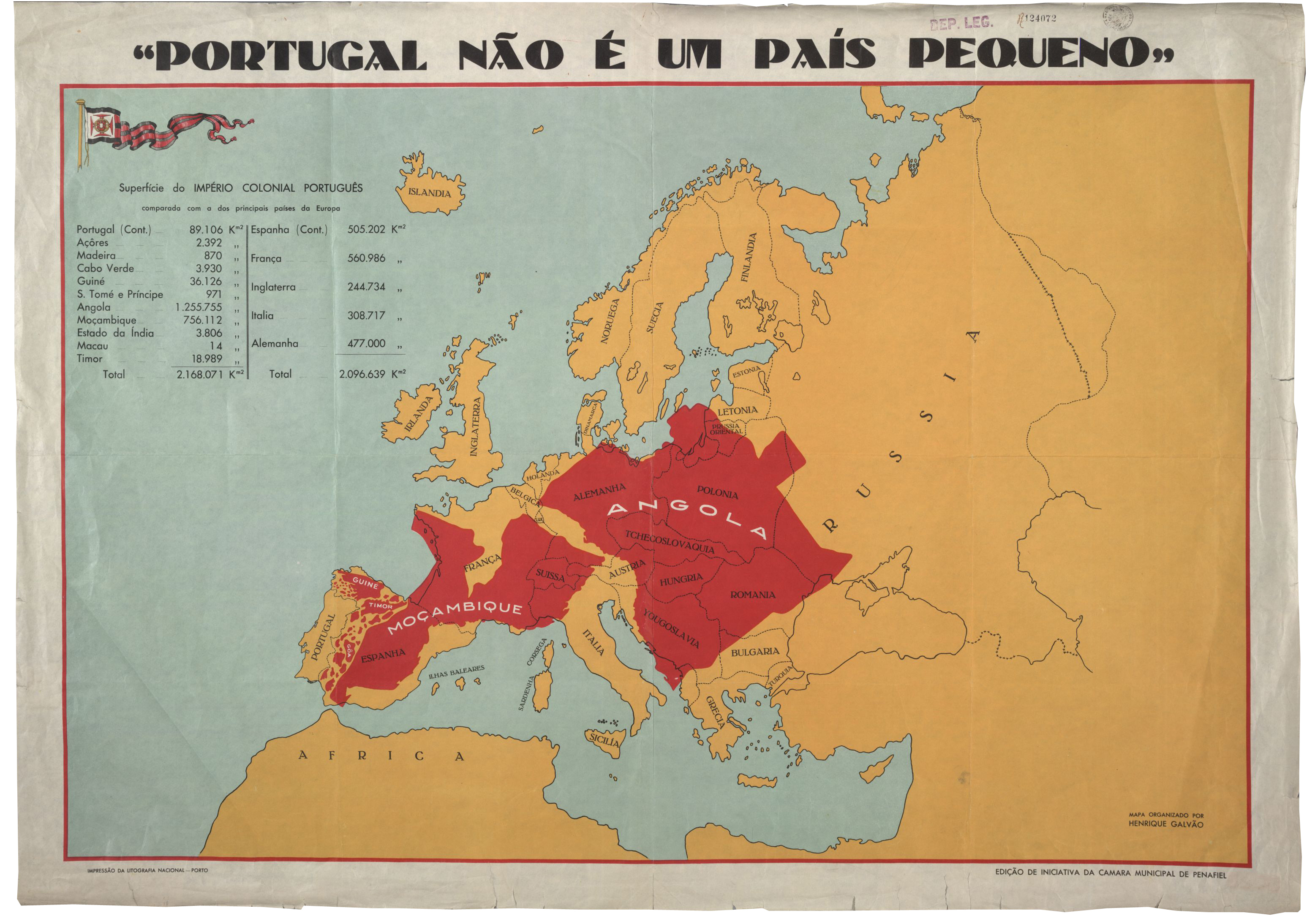 A map published for Portugal’s 1934 Colonial Exhibition, held in Porto. It is entitled: “Portugal is not a small country” and shows the size of Portugal’s empire at the time as if super-imposed over a map of Europe [Courtesy of Paulo Moreira]