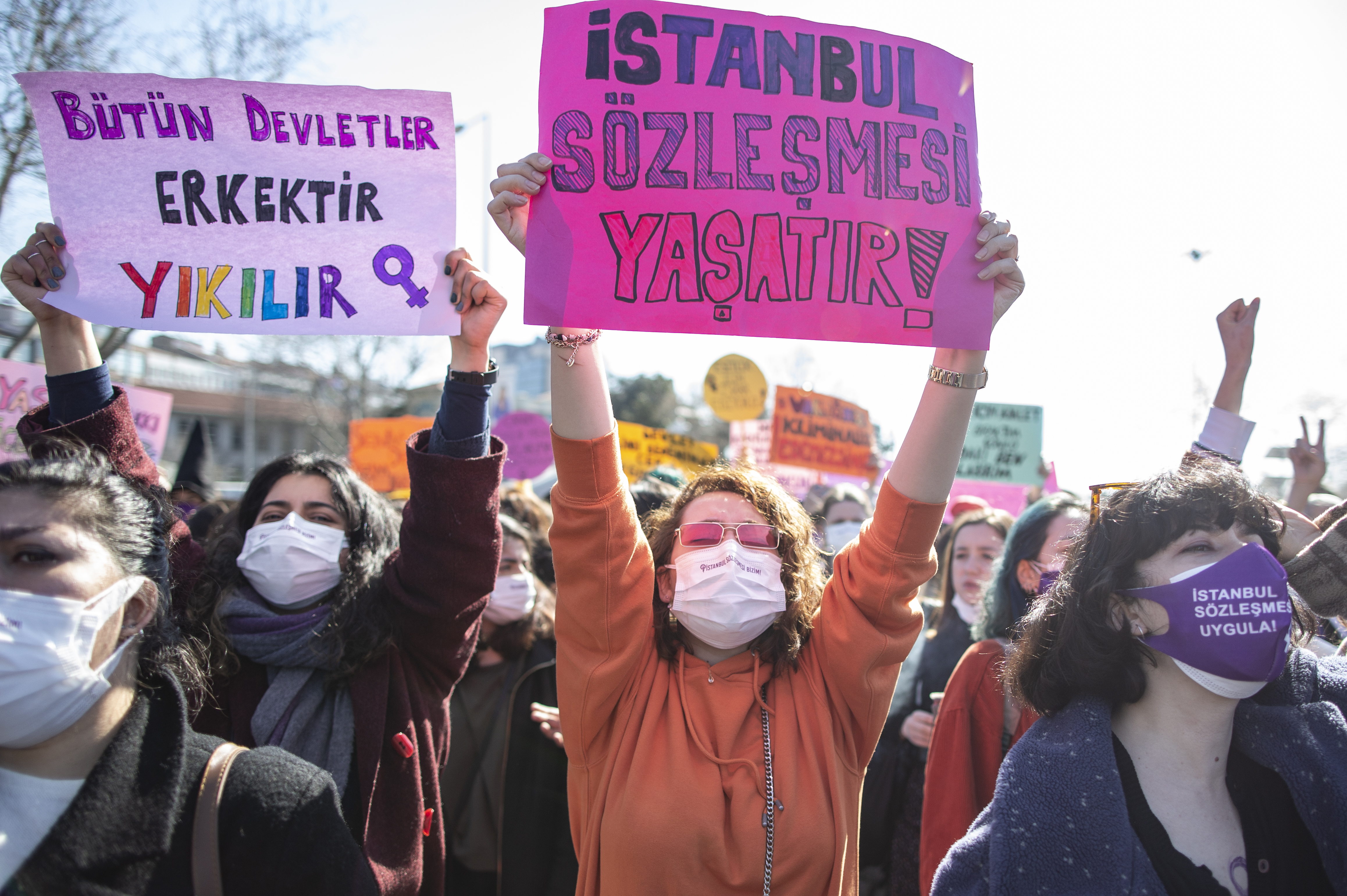 Women shout slogans during a demonstration against Turkey's decision to withdraw from the Istanbul Convention [Erdem Sahin/EPA-EFE]