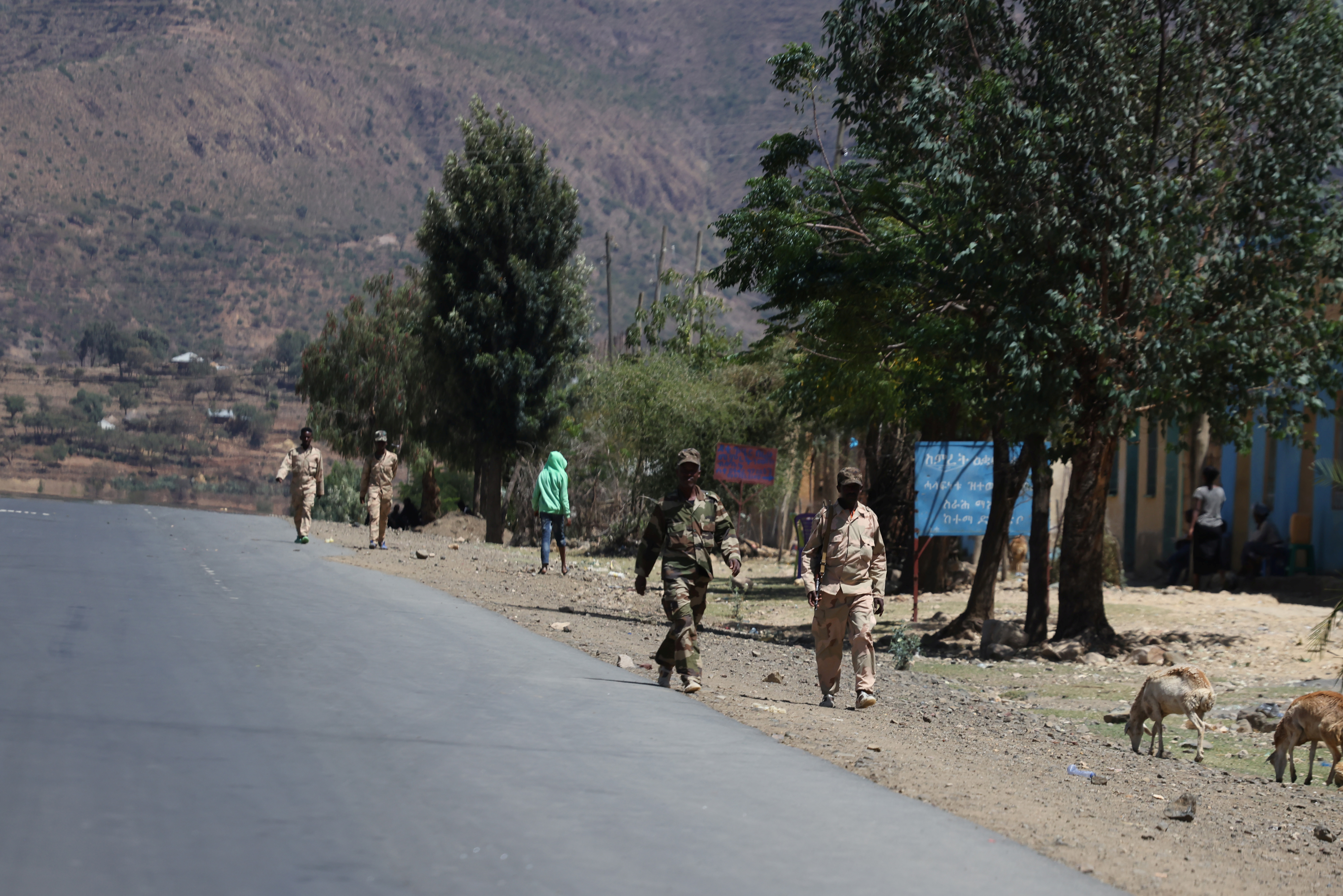 Eritrean troops walk on a road in the Adigrat part of Ethiopia