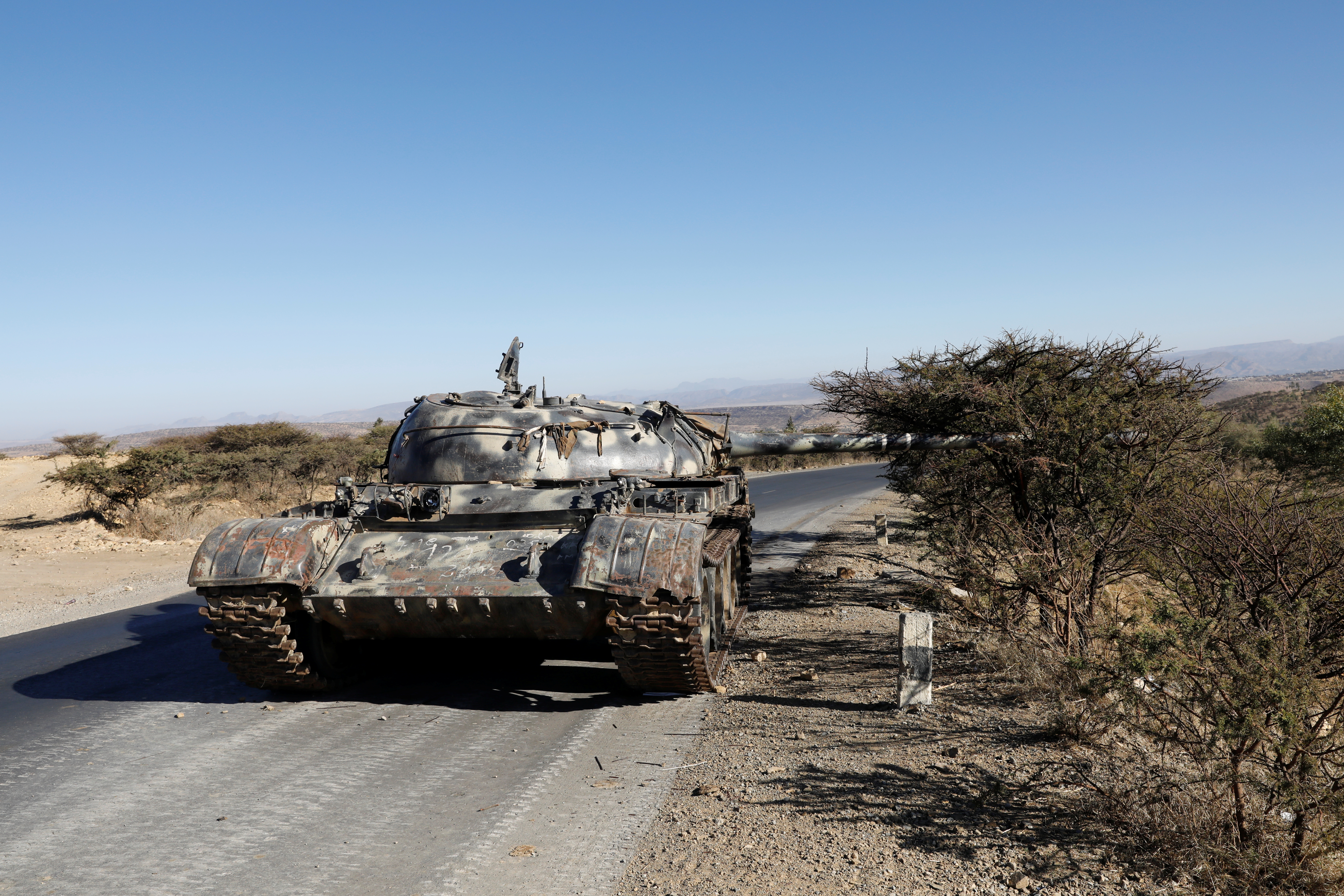 A damaged Eritrean military tank photographed on March 14 near the town of Wikro, Ethiopia [File: Baz Ratner/Reuters]