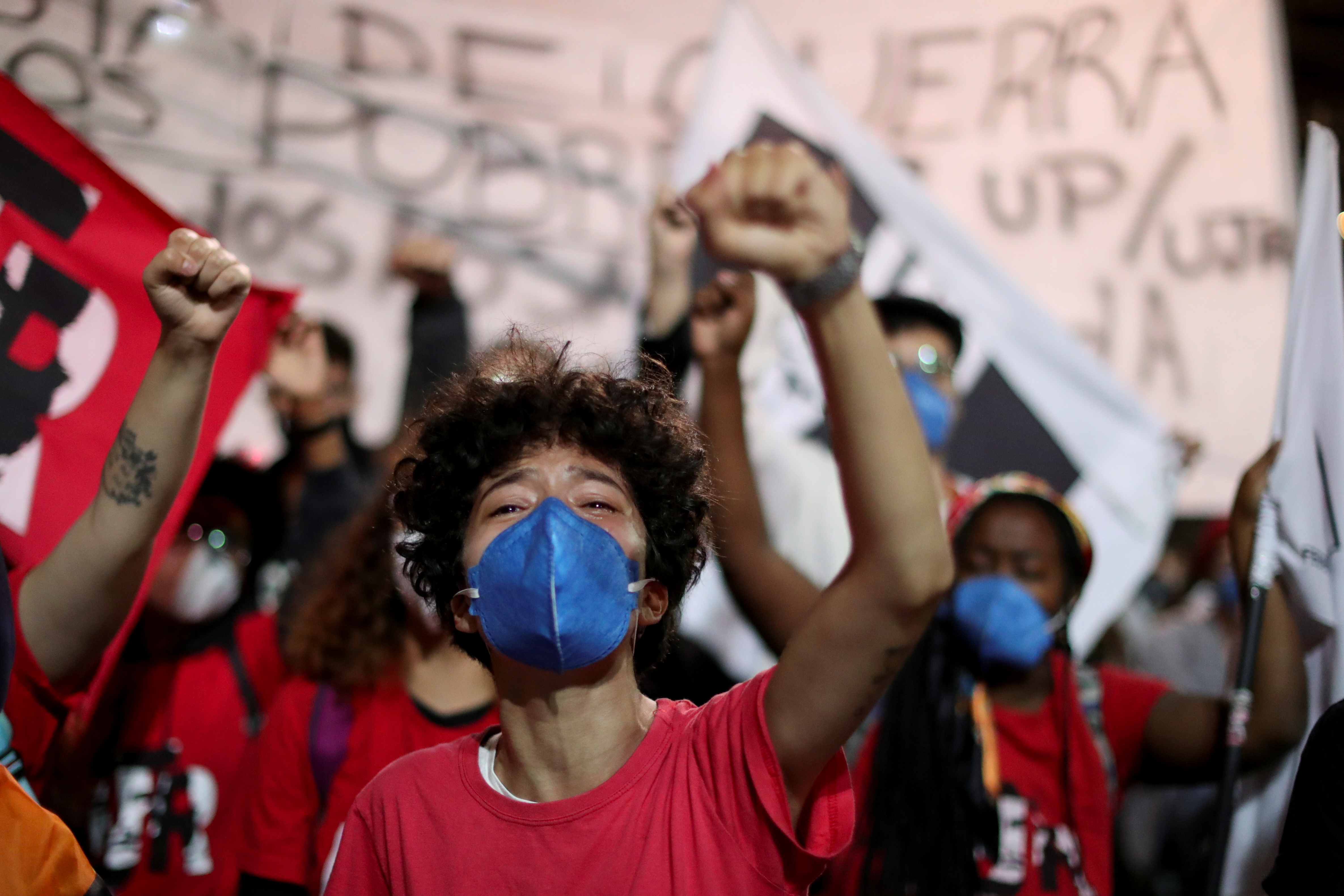 People protest against police violence after a deadly police operation in Rio de Janeiro's Jacarezinho favela, in Sao Paulo, Brazil on May 8 [Amanda Perobelli/Reuters]