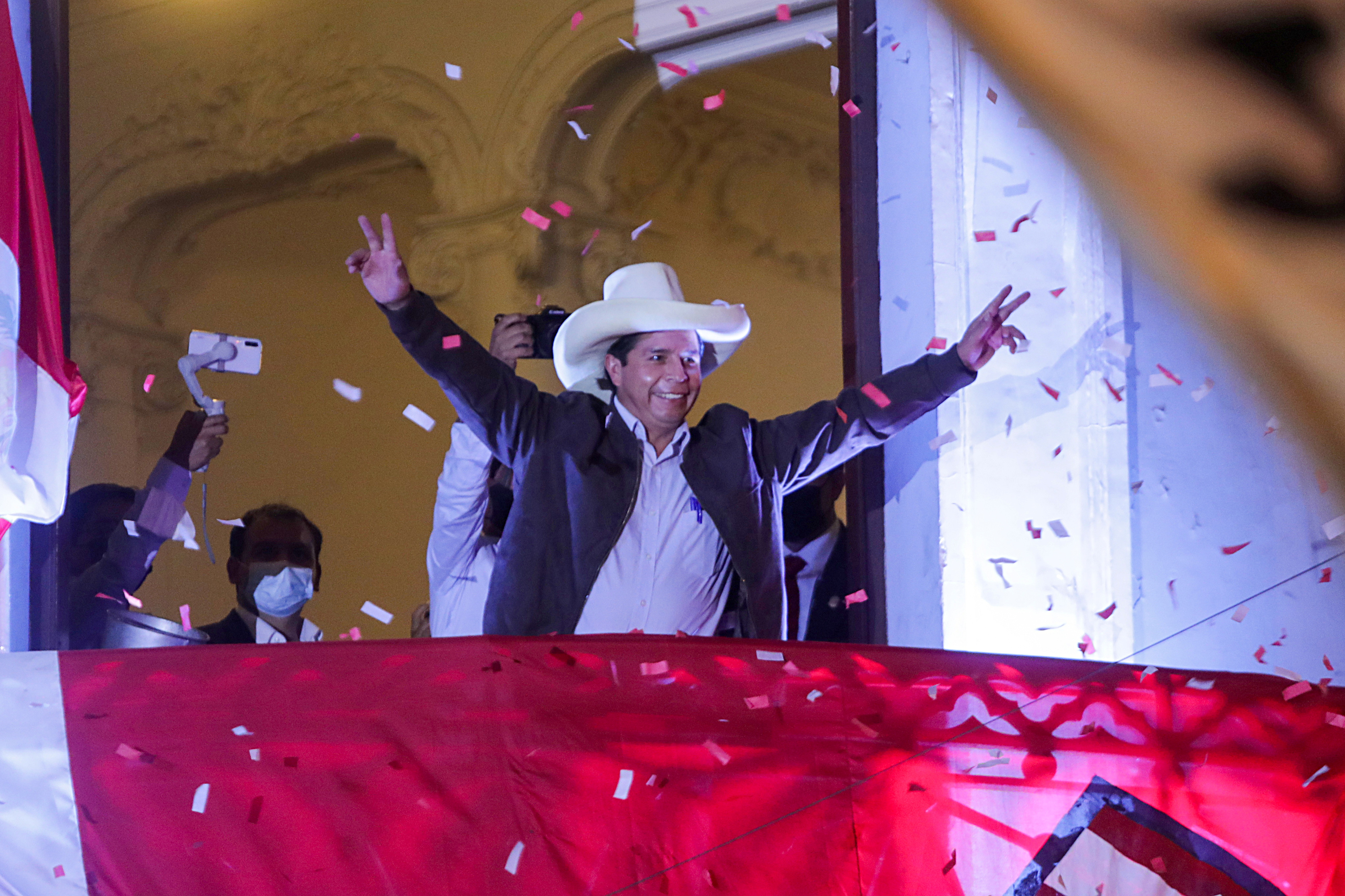 Peru's presidential candidate Pedro Castillo addresses supporters from the headquarters of the Free Peru party in Lima, Peru, June 15, 2021 [File: Sebastian Castaneda/Reuters]