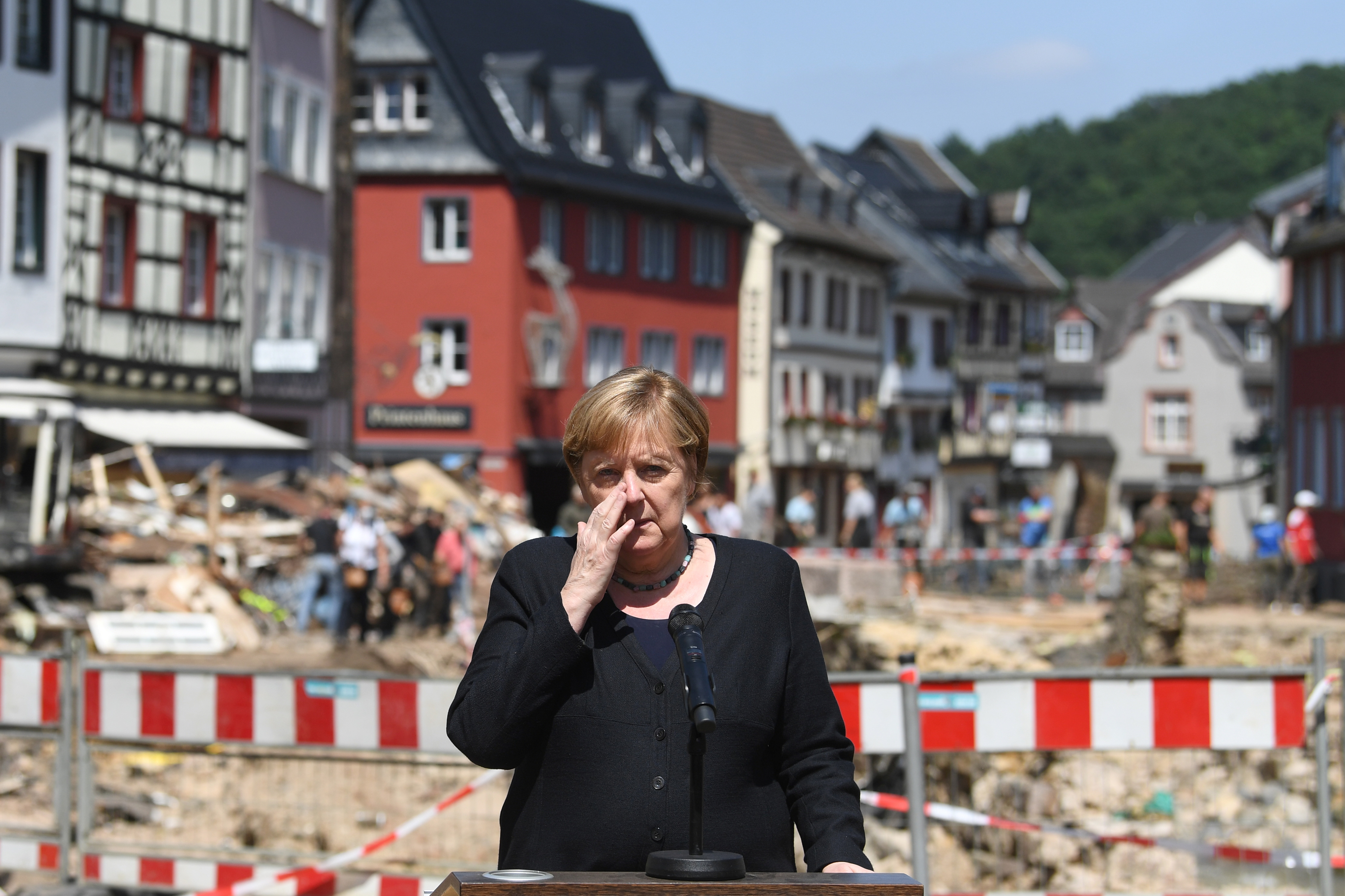Merkel said Germany had a 'very good warning system' but pledged a thorough review of 'what worked and what didn't work' in response to the floods [Christof Stache/Pool via Reuters]