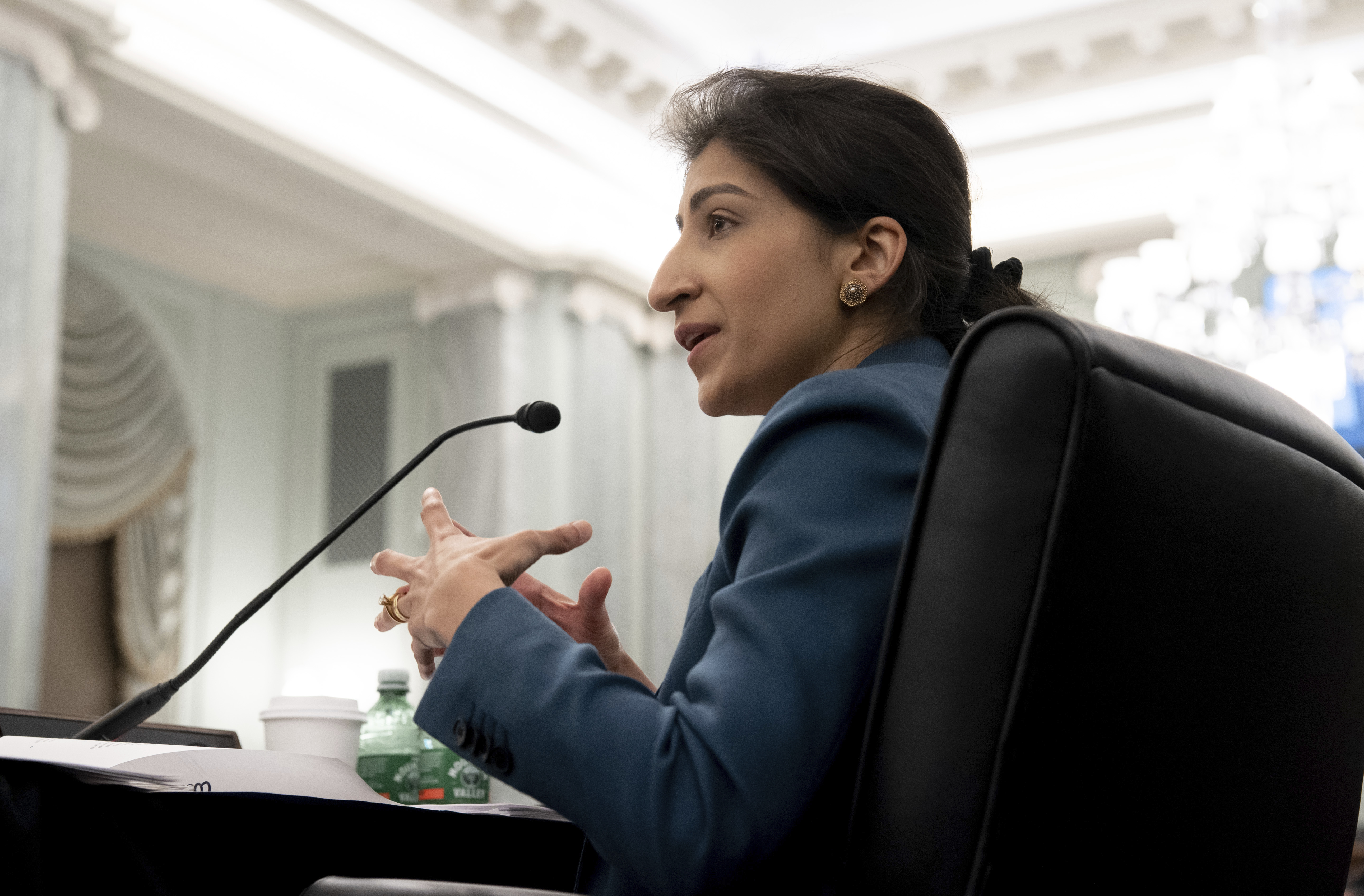 Since Lina Khan was named Federal Trade Commission chair by United States President Joe Biden in mid-June, two tech giants — Amazon and Facebook — have filed petitions to have her recused from decisions concerning them [File: Saul Loeb/Pool via AP]