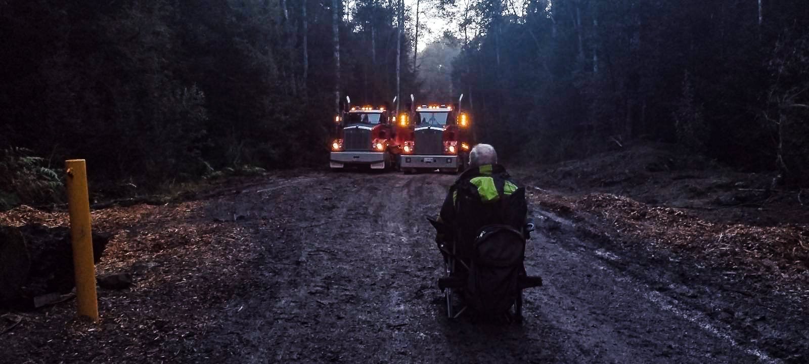 Anthony Houston stages a blockade to prevent MMG vehicles from accessing the planned site of a new waste storage facility [Courtesy of Bob Brown Foundation]