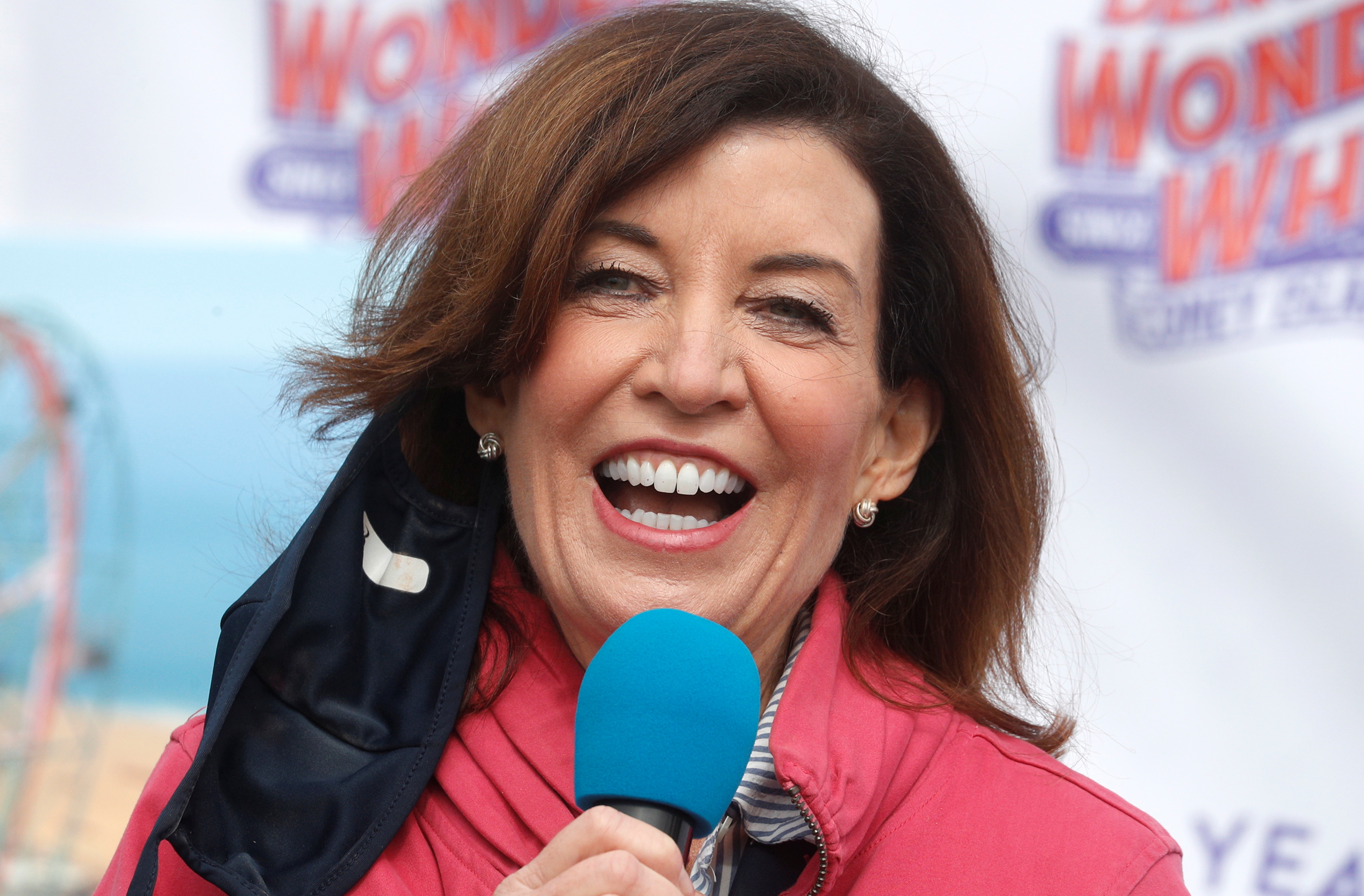 New York State Lieutenant Governor Kathy Hochul pictured here during an opening ceremony on the first day of the Coney Island parks reopening, in April, will become the first woman to be governor of New York after Andrew Cuomo steps down later this month [File: Brendan McDermid/Reuters]
