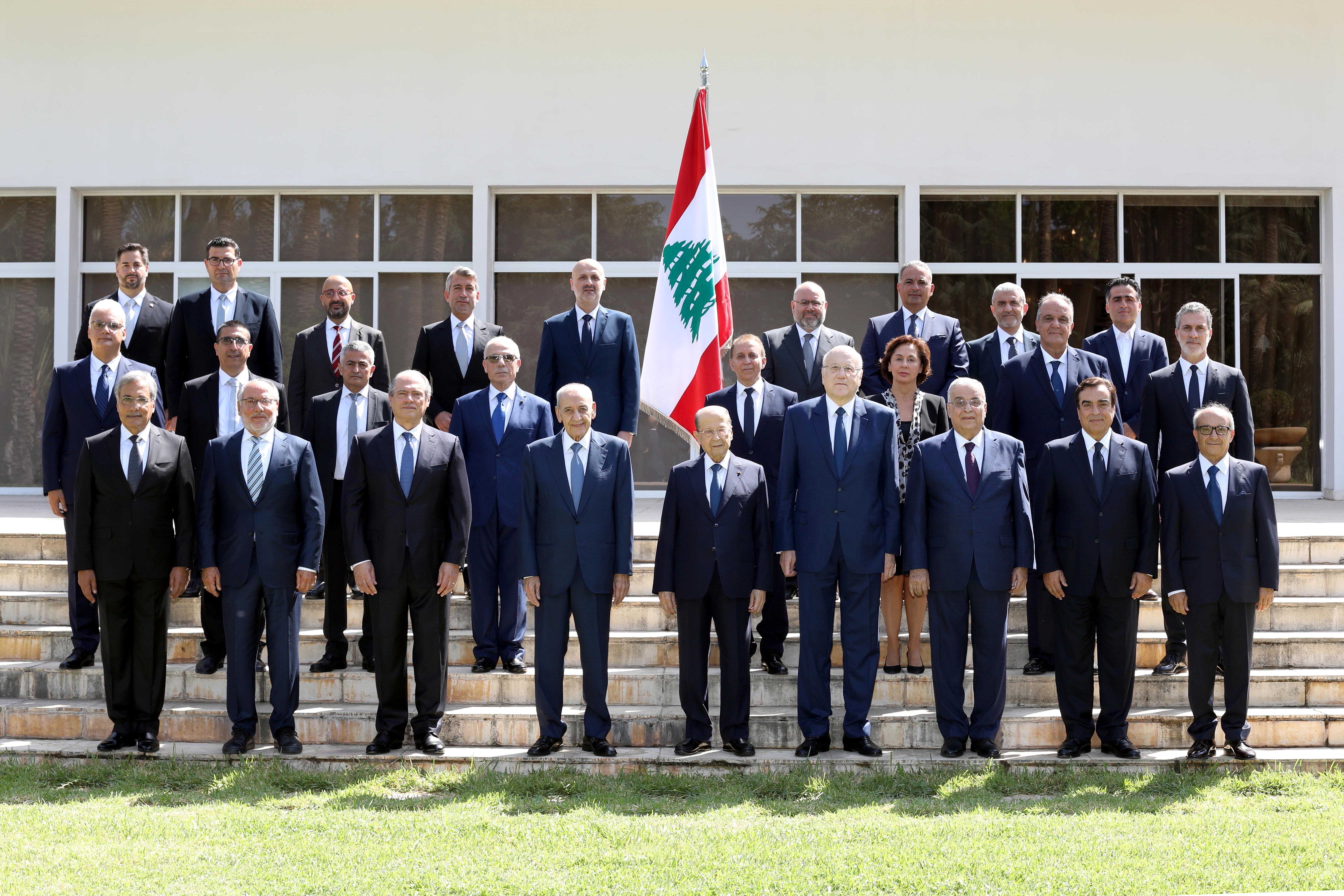 Members of the new Lebanese government pose for a group picture at the presidential palace in Baabda, Lebanon this week