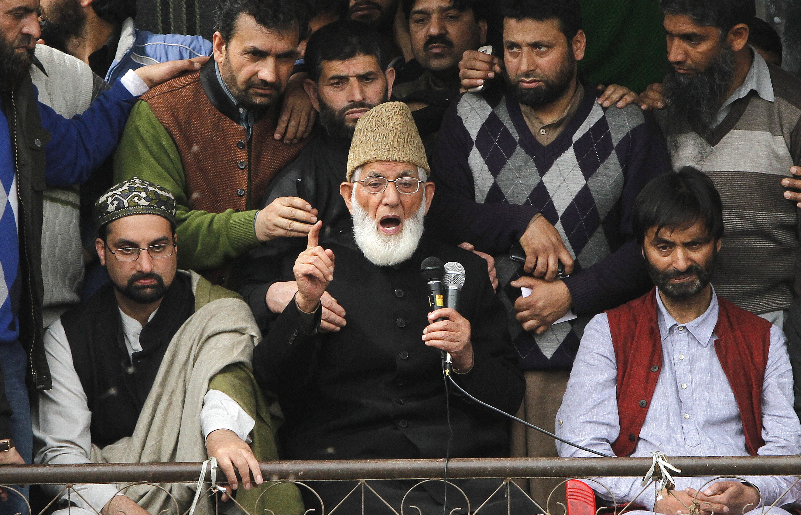 Syed Ali Geelani with Yasin Malik and Mirwaiz Umar Farooq during a protest.