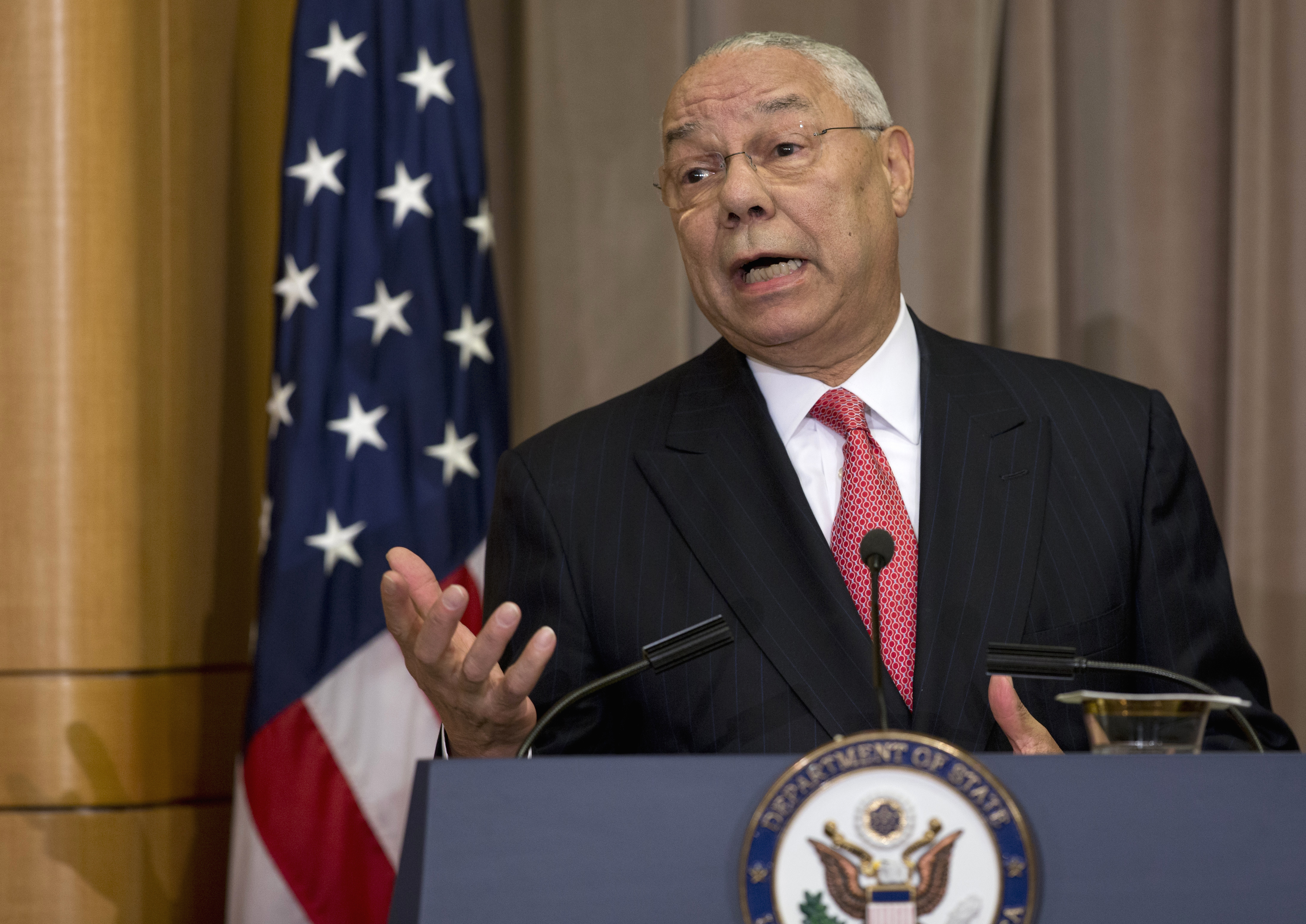 In this September 3, 2014 file photo, former Secretary of State Colin Powell speaks at the State Department in Washington [Carolyn Kaster/AP]