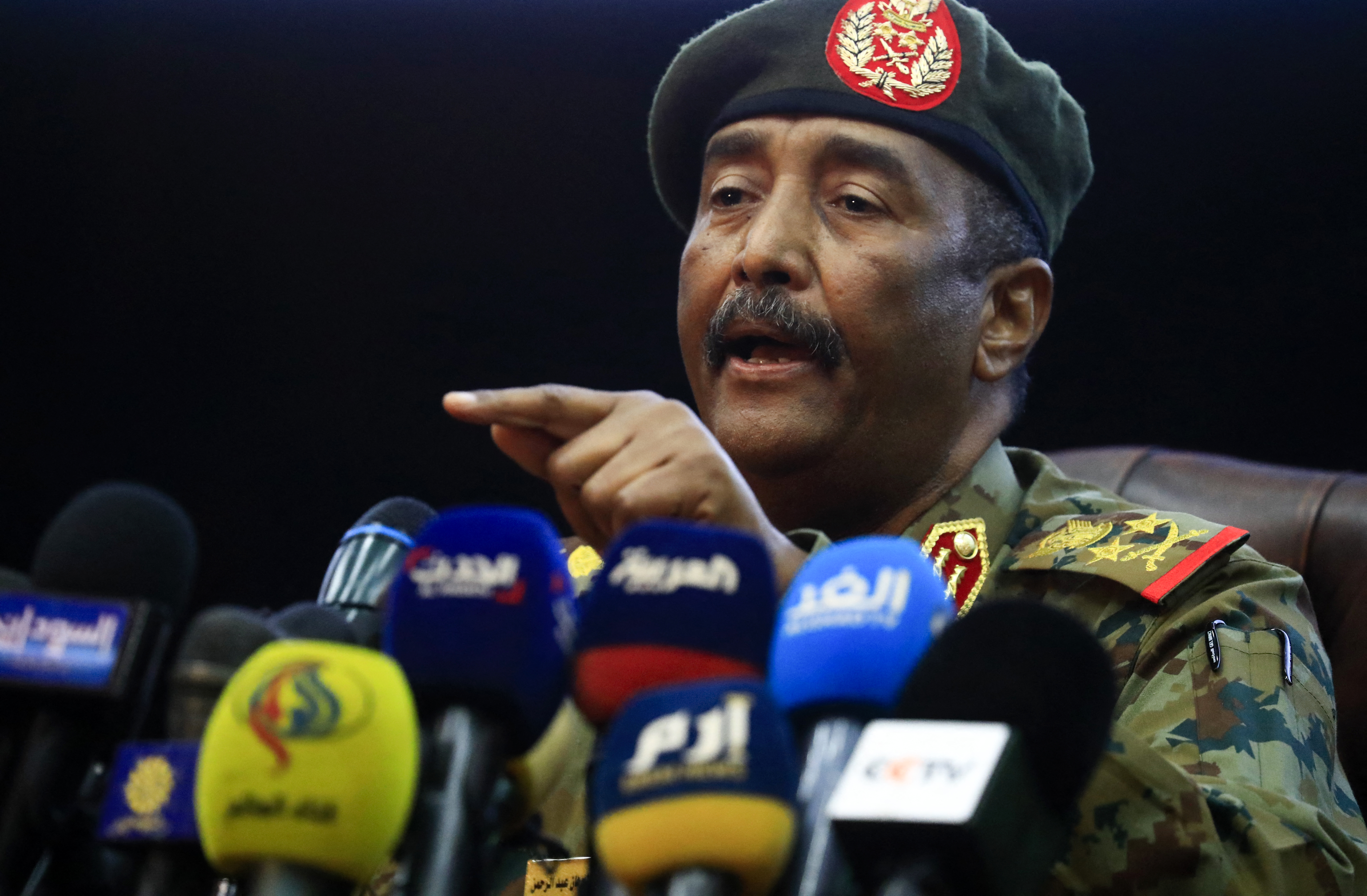 Sudan's top army general Abdel Fattah al-Burhan speaks during a press conference at the General Command of the Armed Forces in Khartoum
