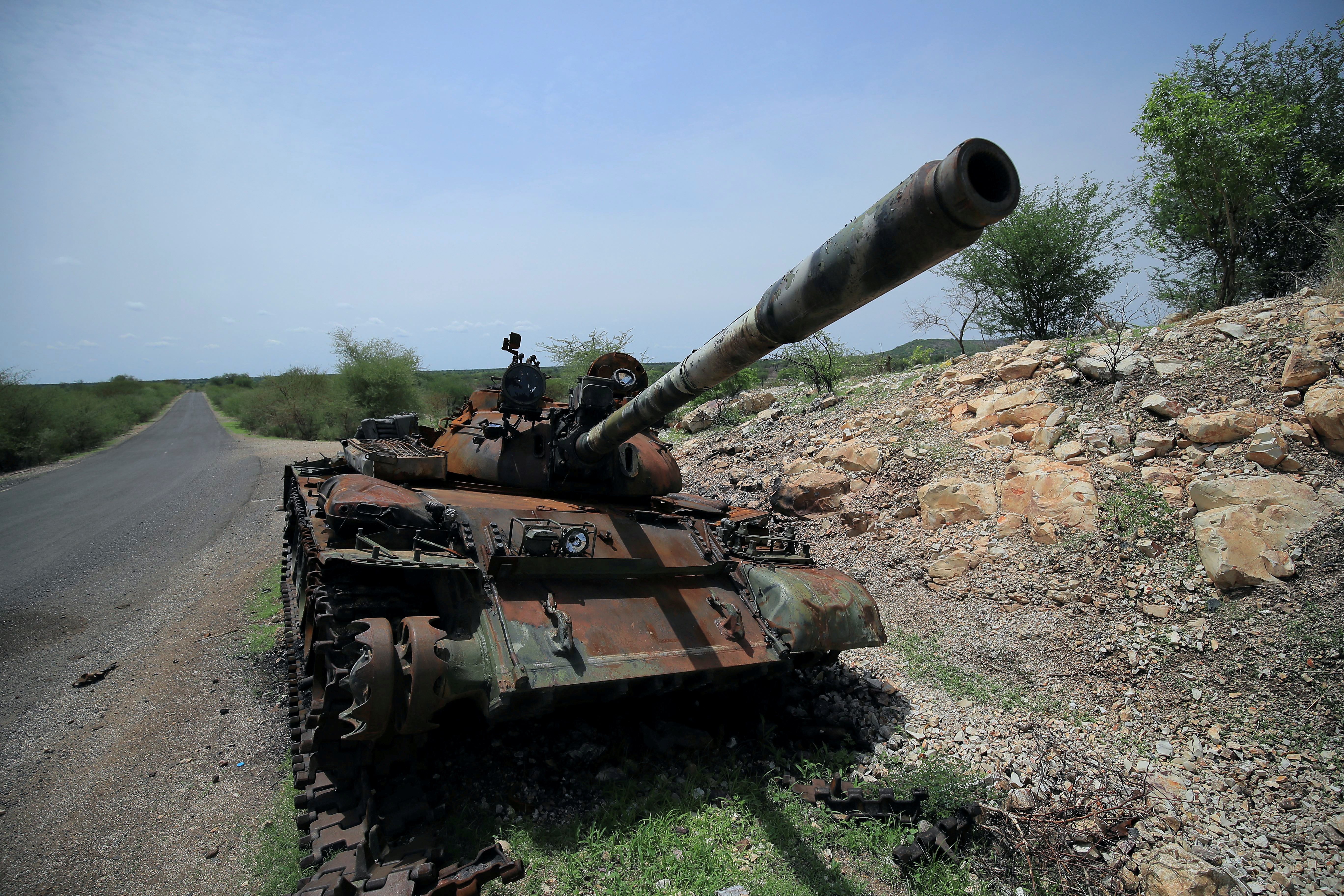 A tank damaged during the fighting between Ethiopia