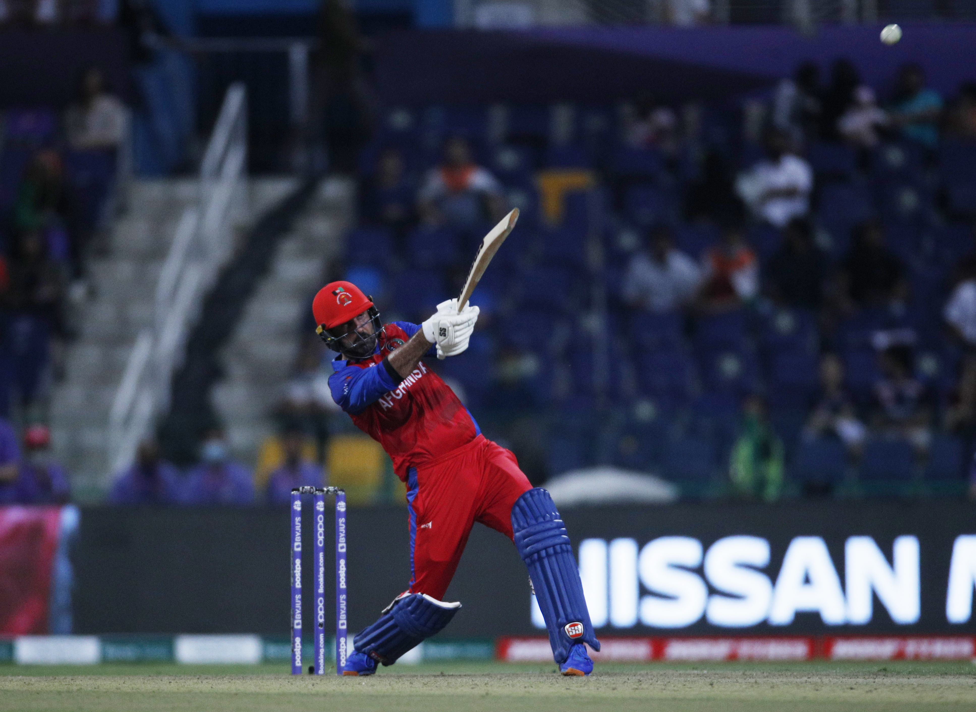Afghanistan's Mohammad Nabi hits a ball during a T20 World Cup