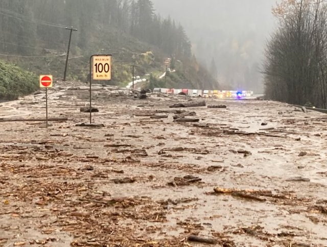 A view of a road near Popkum following mudslides and flooding in British Columbia, Canada on November 14, 2021