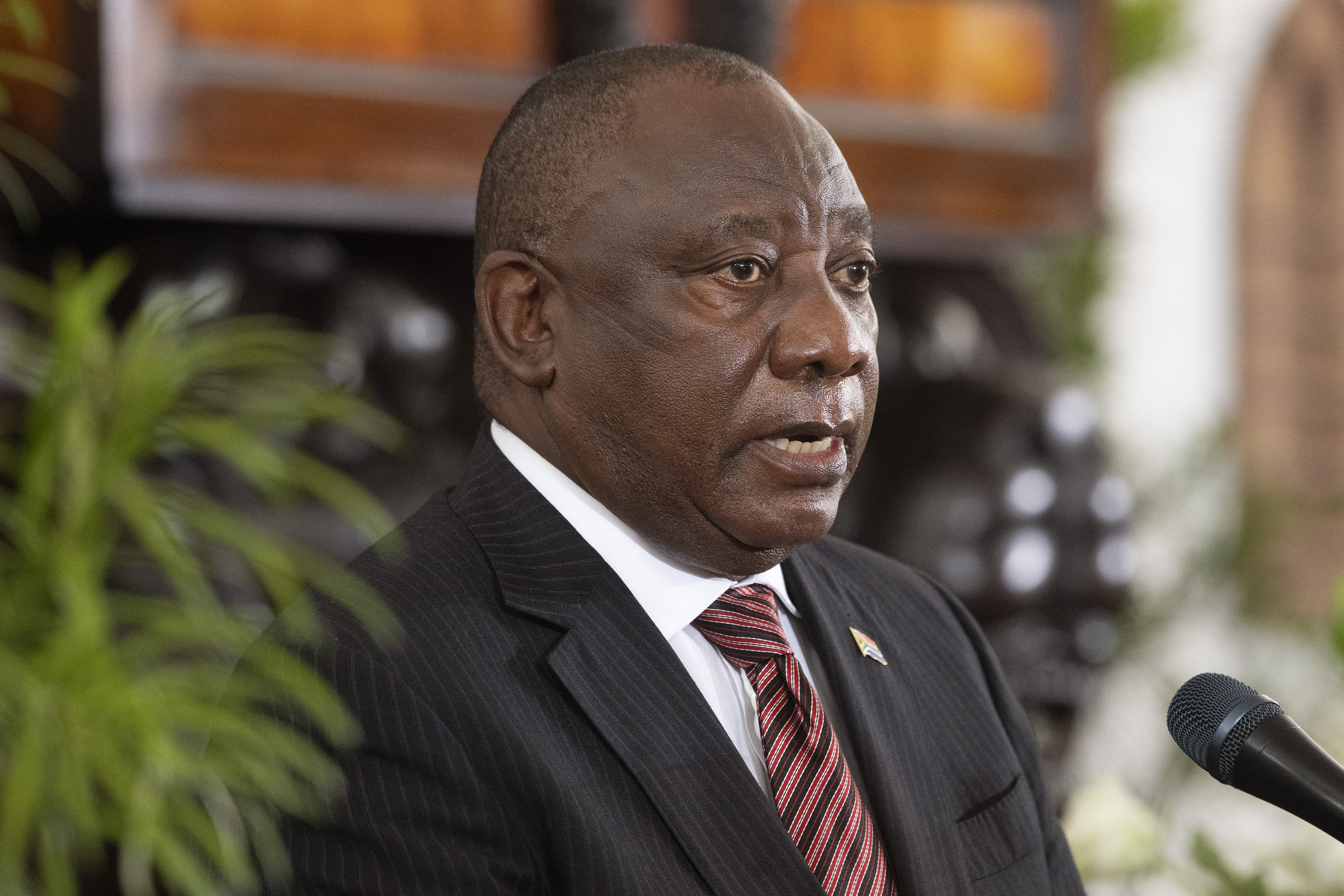 South African President Cyril Ramaphosa speaks during former South African President FW de Klerk's state memorial service at the Groote Kerk church in Cape Town